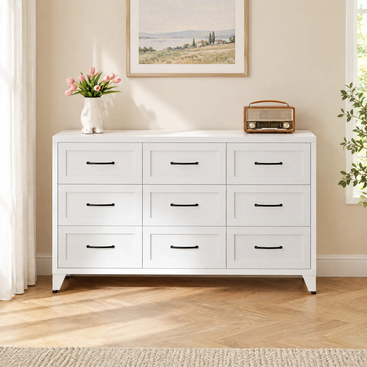 VIYET 9-Drawer Wide Dresser, White Bedroom Storage Chest with Smooth-Glide Drawers for Closet, Hallway & Entryway