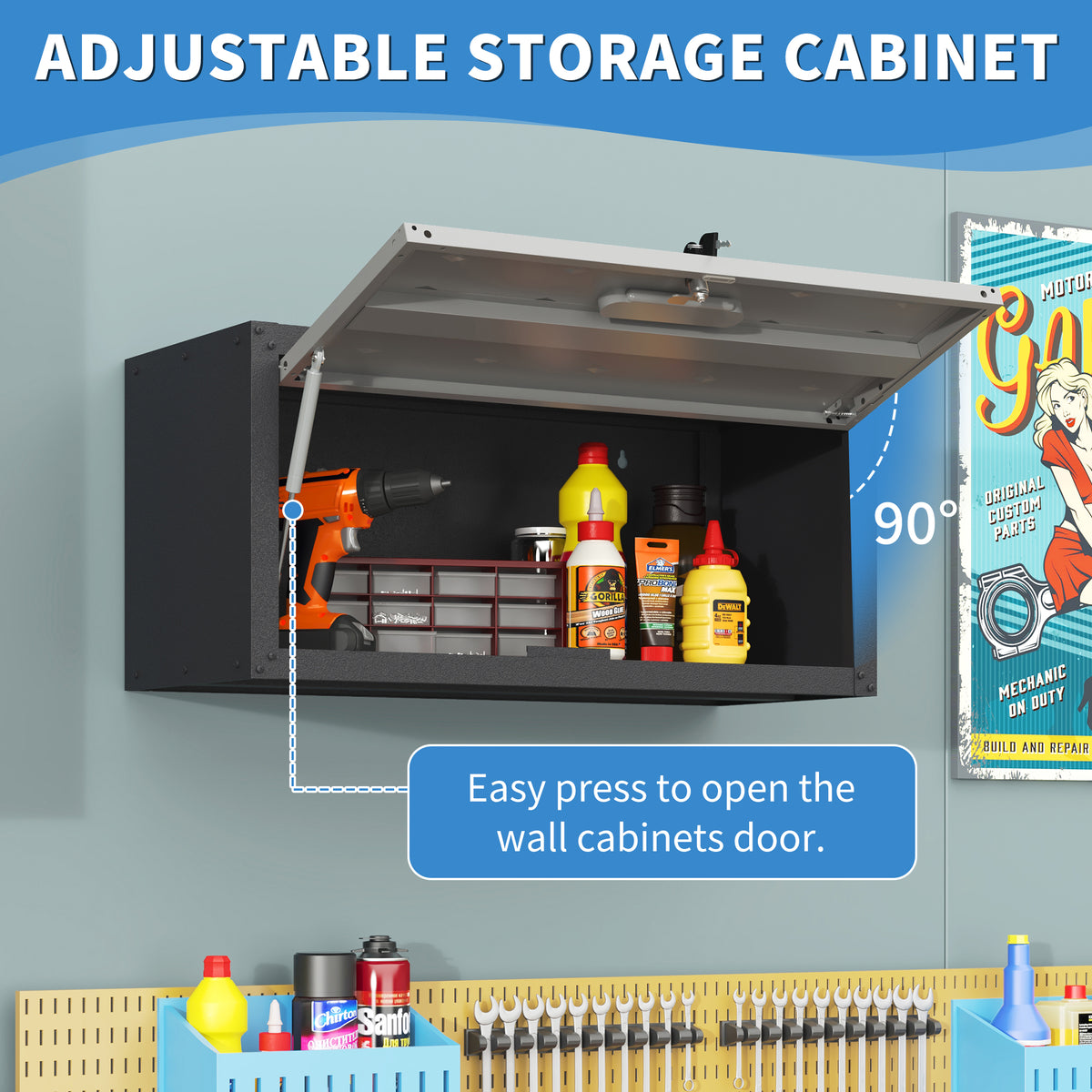 VIYET Wall Mounted Garage Cabinet, Lockable Metal Tool Storage Cabinet with Lift-Up Door, 120 Lbs Capacity, Steel Workshop Organizer