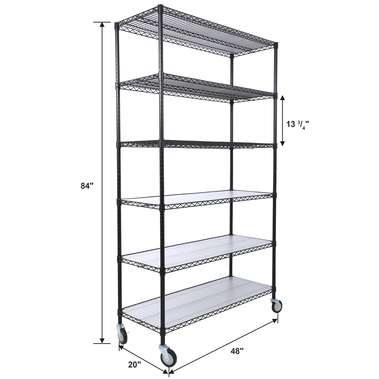 VIYET 6 Tier 6000LBS NSF Metal Wire Shelving, Heavy Duty Adjustable Rack with Wheels & Shelf Liners (Black, 84"H×48"L×20"D)