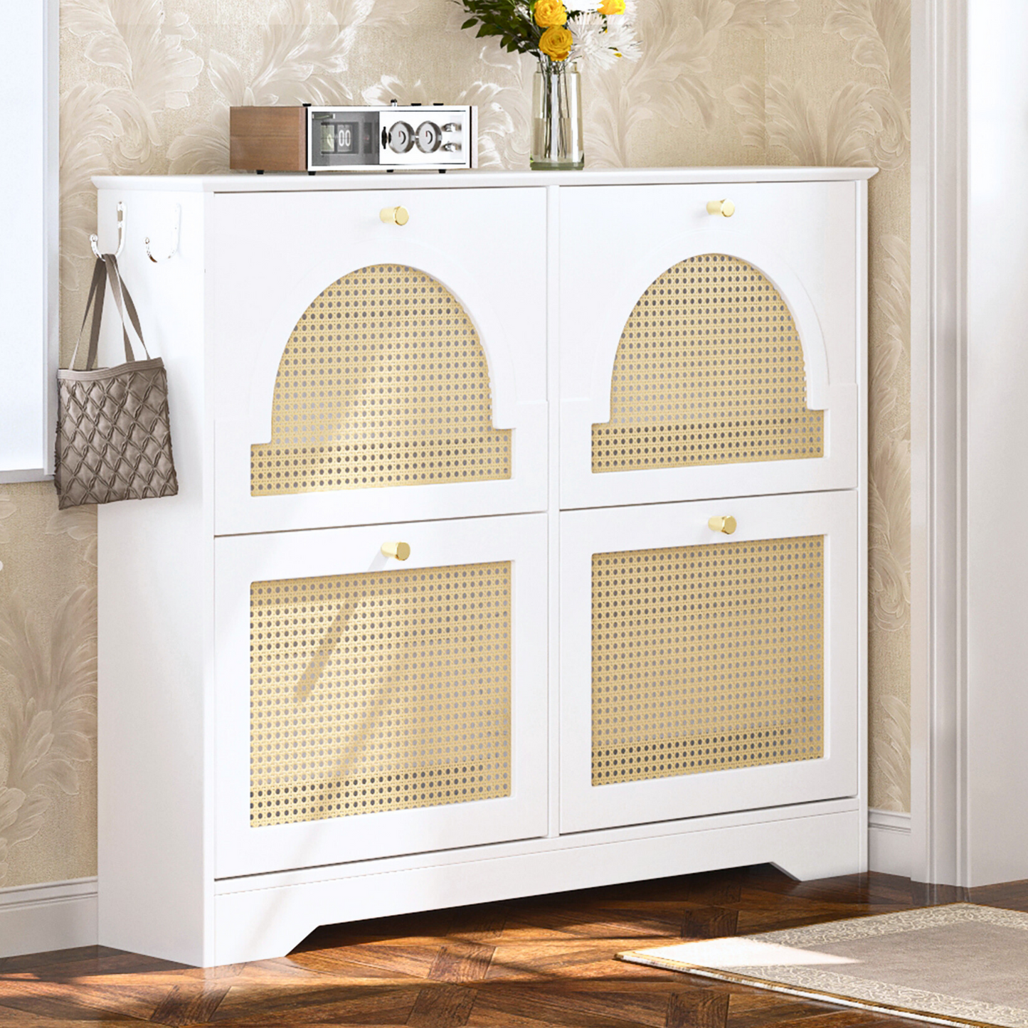 VIYET 35" Mid-Century Narrow Shoe Cabinet, MDF Organizer w/ 4 Rattan Flip Drawers &2 Silver Hooks,Black+white