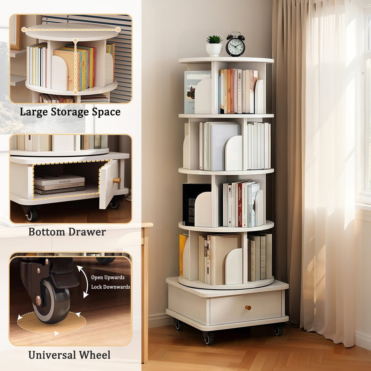 VIYET 56" 5-Tier 360° Rotating Bookshelf, Oak MDF Tower w/ Wheels&Drawer (Space-Saving Storage for Home/Office),white