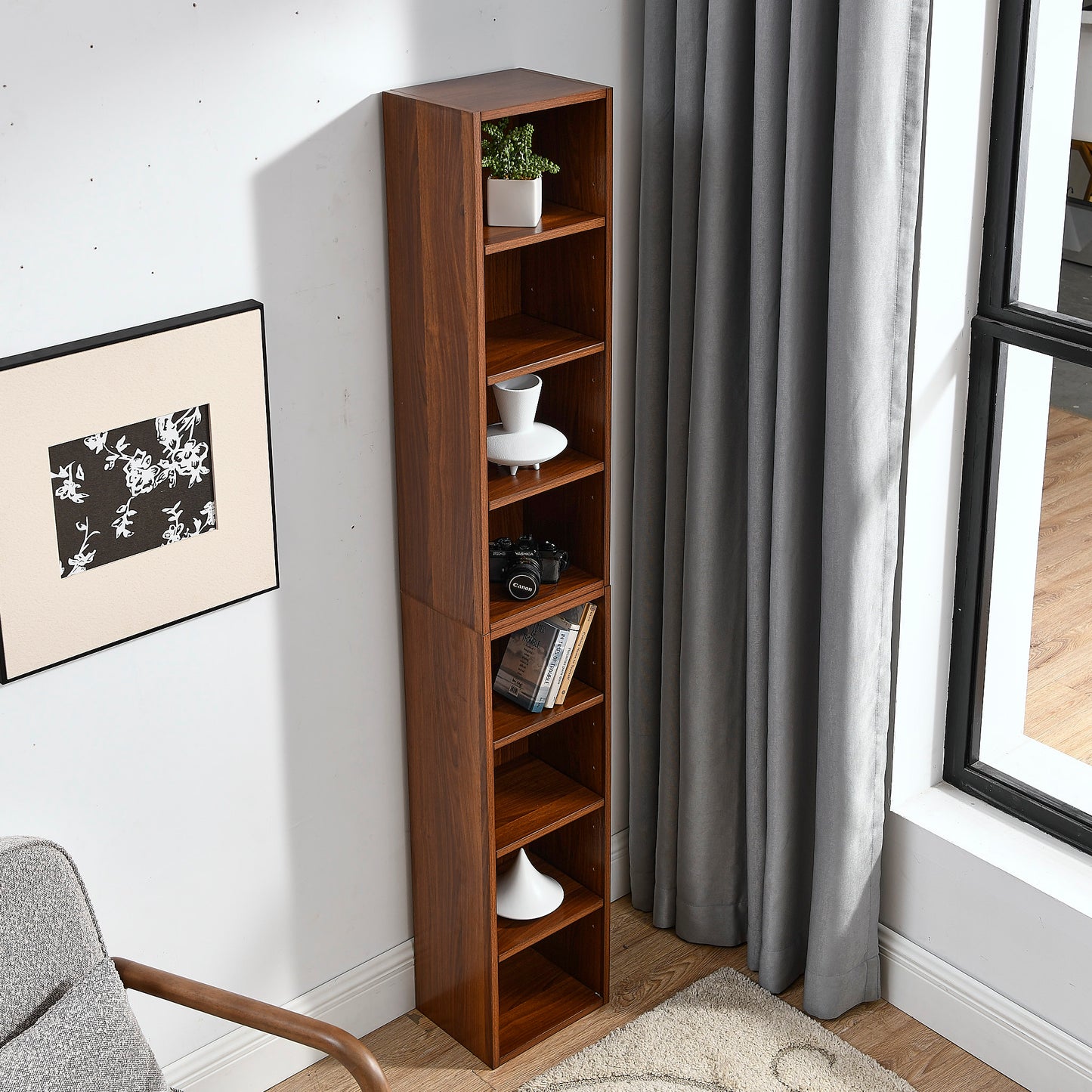 VIYET 11.6"×9.3"×70.9" 8-Tier Media Tower Rack - Walnut MDF, Adjustable Shelves