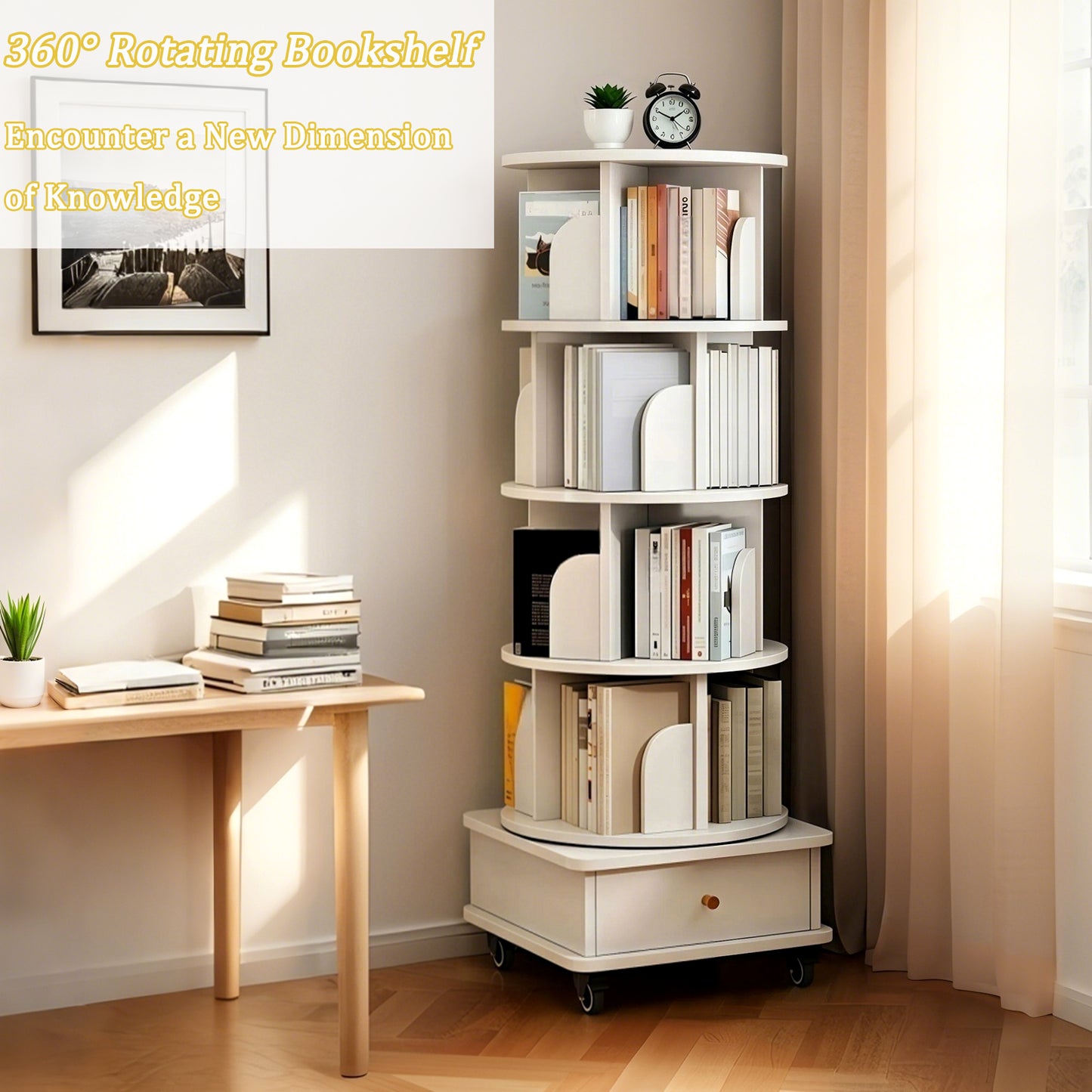 VIYET 56" 5-Tier 360° Rotating Bookshelf, Oak MDF Tower w/ Wheels&Drawer (Space-Saving Storage for Home/Office),white