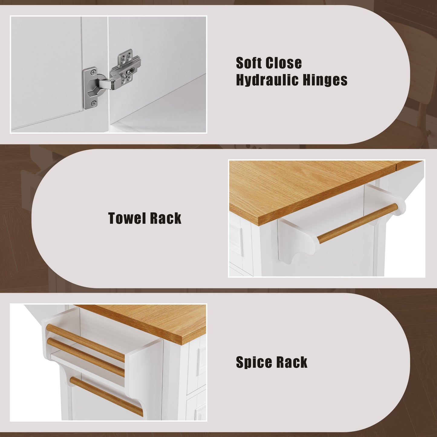 VIYET 36" K&K Kitchen Island with Drop Leaf, White MDF Storage Cart w/ Oak Veneer Top (2 Doors+5 Drawers+Adjustable Shelf)