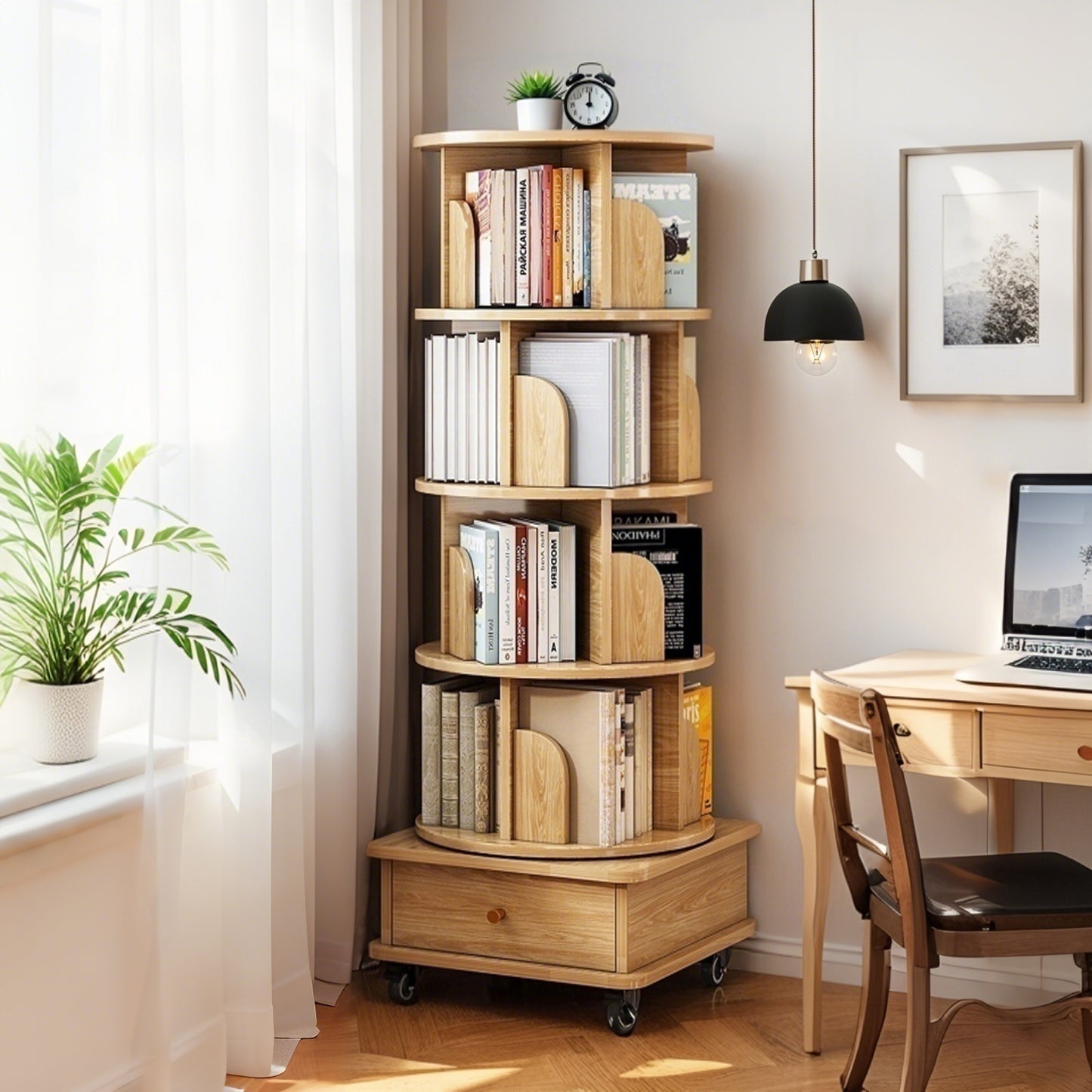 VIYET 56" 5-Tier 360° Rotating Bookshelf, Oak MDF Tower w/ Wheels & Drawer (Space-Saving Storage for Home/Office)