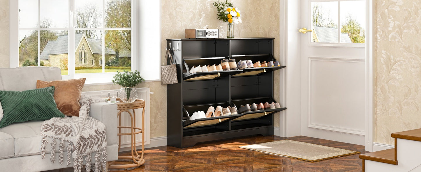 VIYET 35" Mid-Century Narrow Shoe Cabinet, MDF Organizer w/ 4 Rattan Flip Drawers &2 Silver Hooks,Black+white