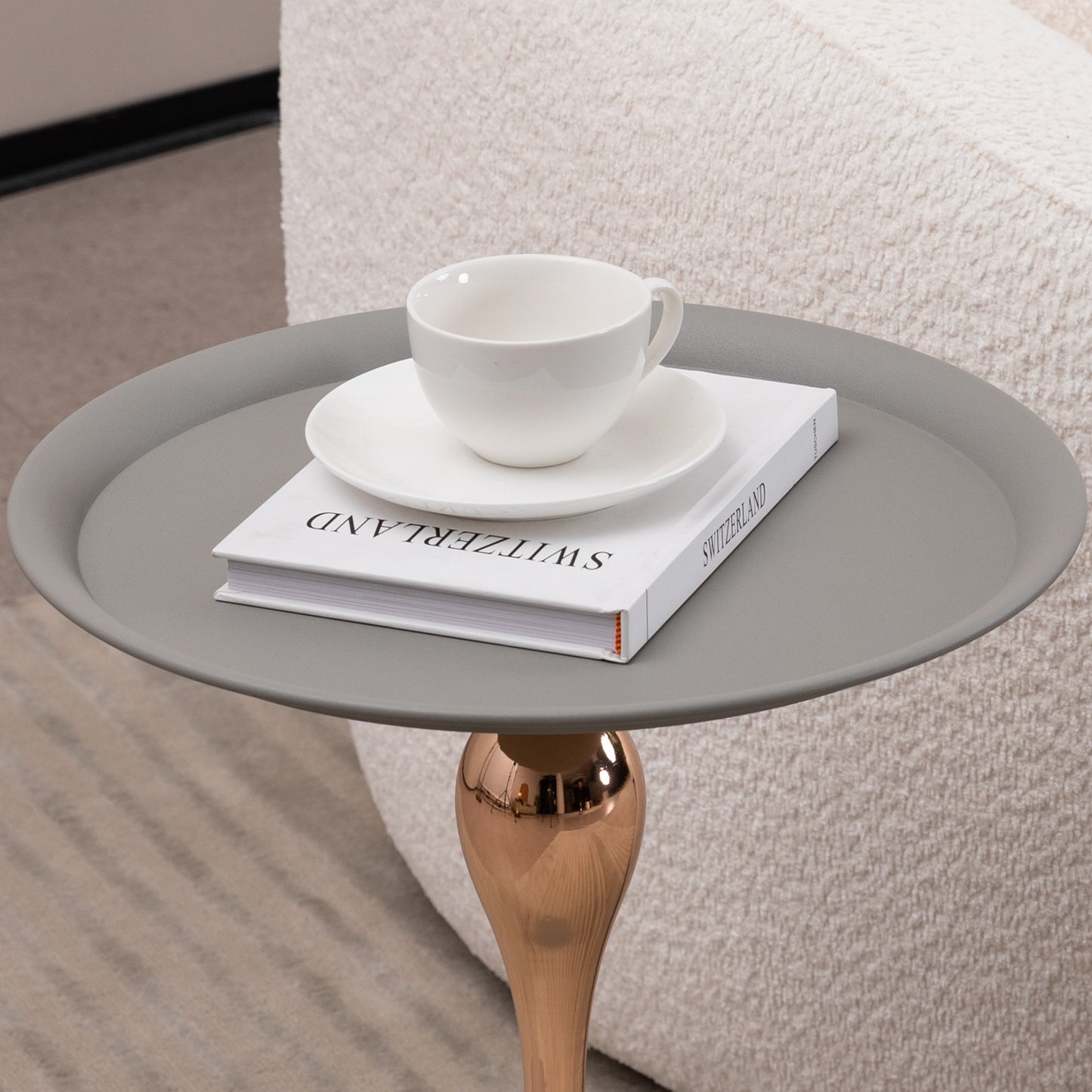 VIYET 21" Mermaid Tail Round End Table,Art Deco Metal Pedestal Accent Table, Minimalist Tray-Style Side Table for Small Spaces (Matte Gray)