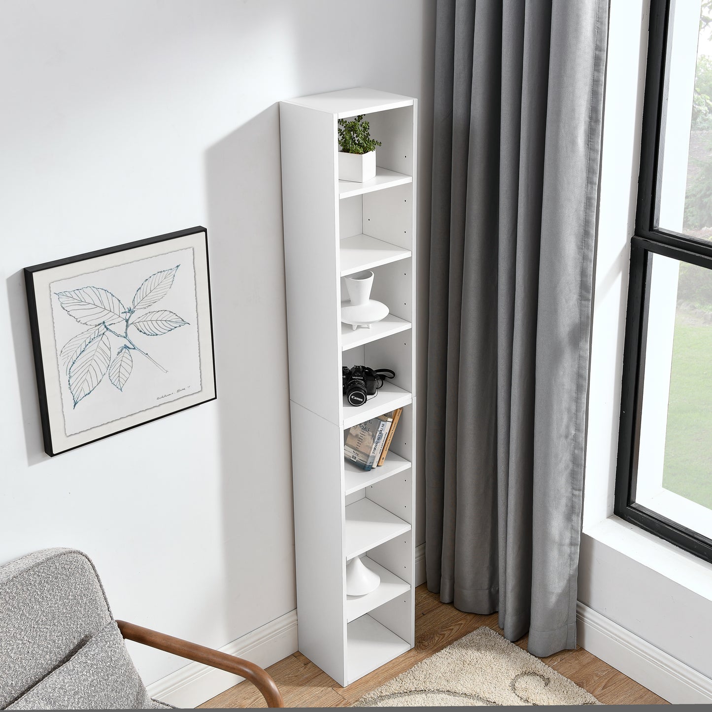 VIYET 11.6"×9.3"×70.9" 8-Tier Media Tower Rack - White MDF, Adjustable Shelves