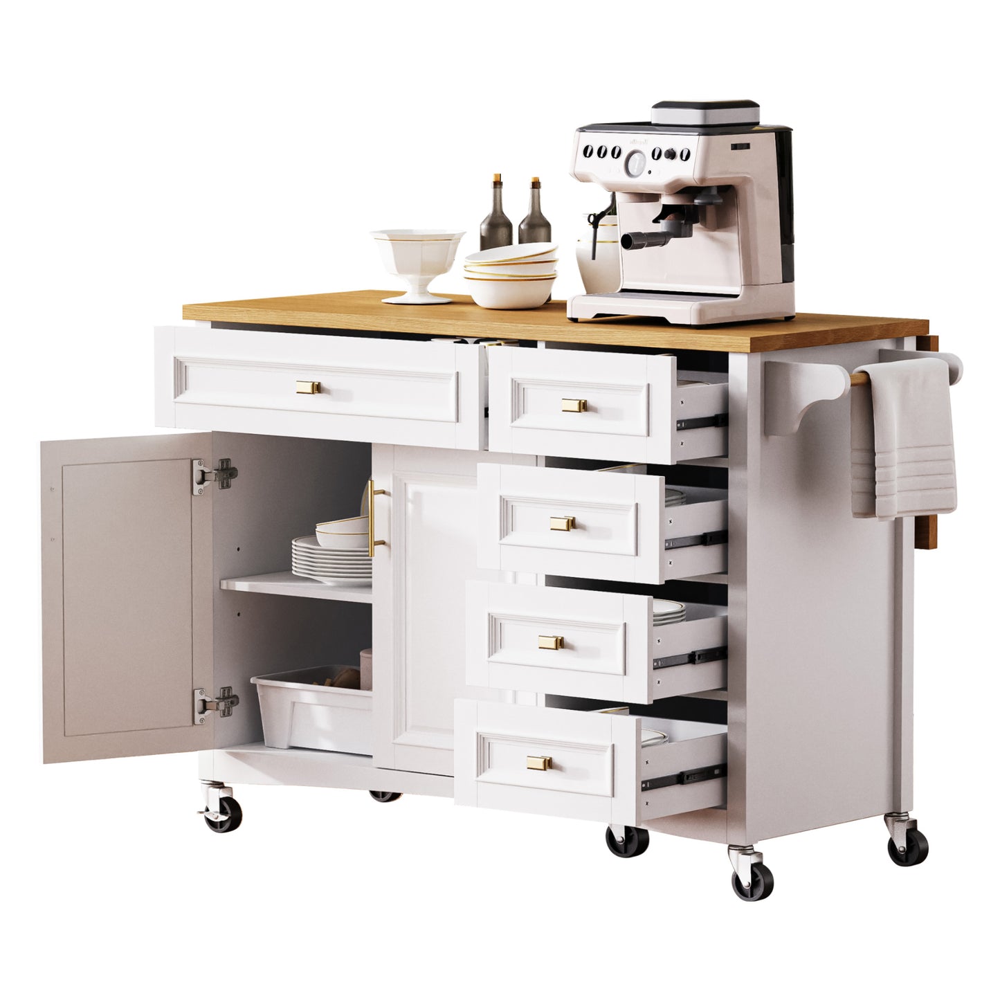 VIYET 36" K&K Kitchen Island with Drop Leaf, White MDF Storage Cart w/ Oak Veneer Top (2 Doors+5 Drawers+Adjustable Shelf)
