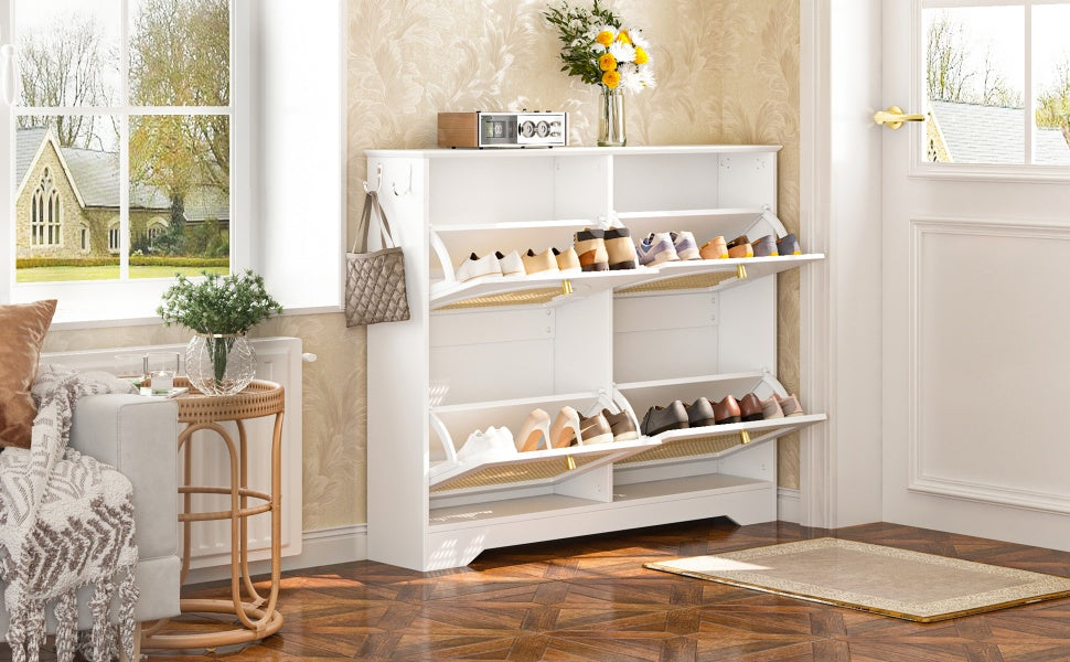 VIYET 35" Mid-Century Narrow Shoe Cabinet, MDF Organizer w/ 4 Rattan Flip Drawers &2 Silver Hooks,Black+white