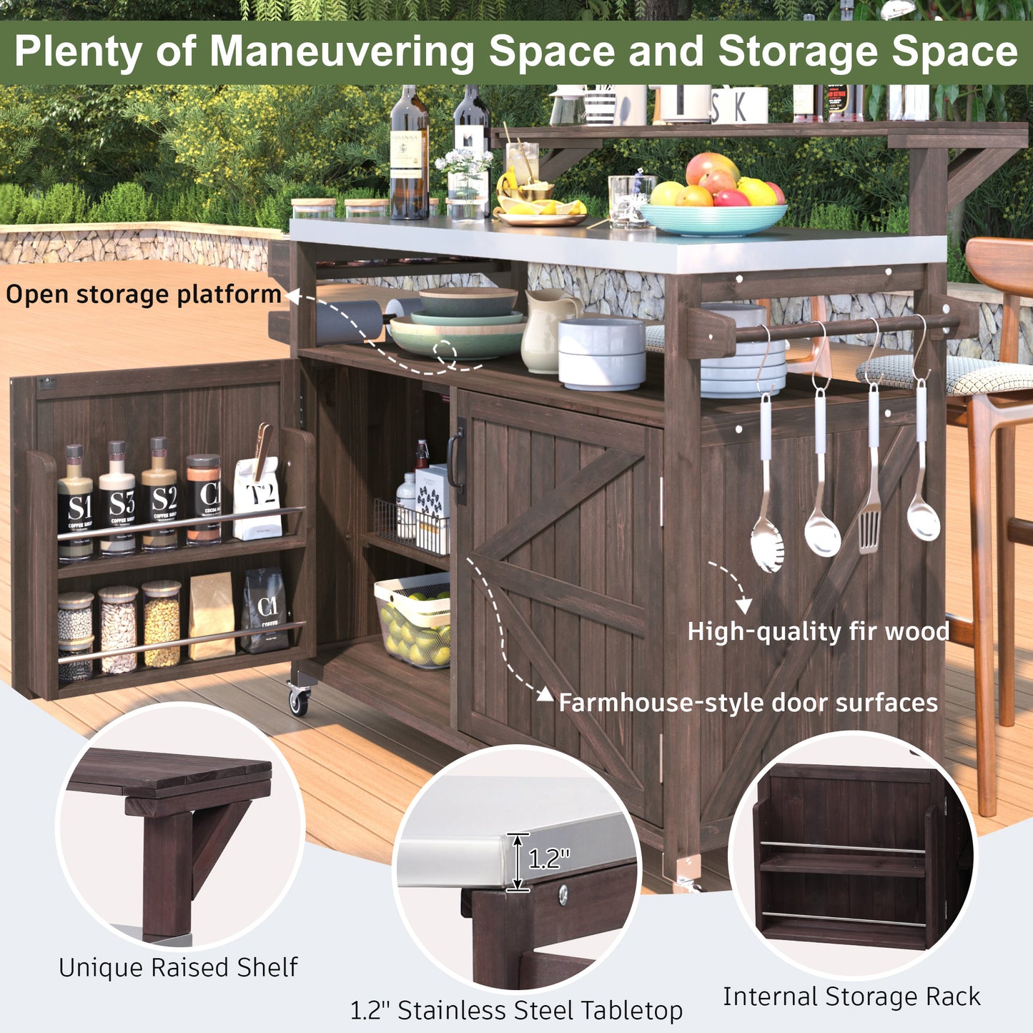 VIYET 43" K&K Outdoor Kitchen Island, Brown Solid Wood Grill Cart w/ Stainless Steel Top (Raised Shelf+Adjustable Storage Rack)