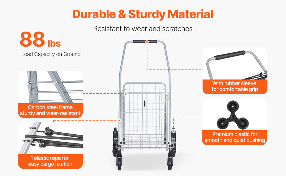 VIYET 45L Stair Climbing Storage Cart, 360° Swivel Wheels, Tri-Wheels, Foldable Collapsible Lightweight Utility Cart for Laundry Travel, Silver