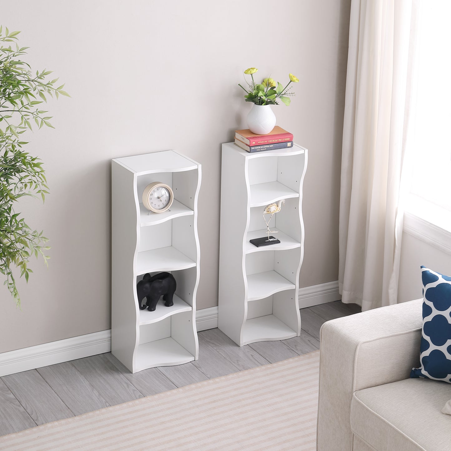 VIYET 71" 8-Tier Ultra-Thin Adjustable Bookshelf,White MDF Display Rack w/ Wavy Border (Detachable Home Office Organizer)