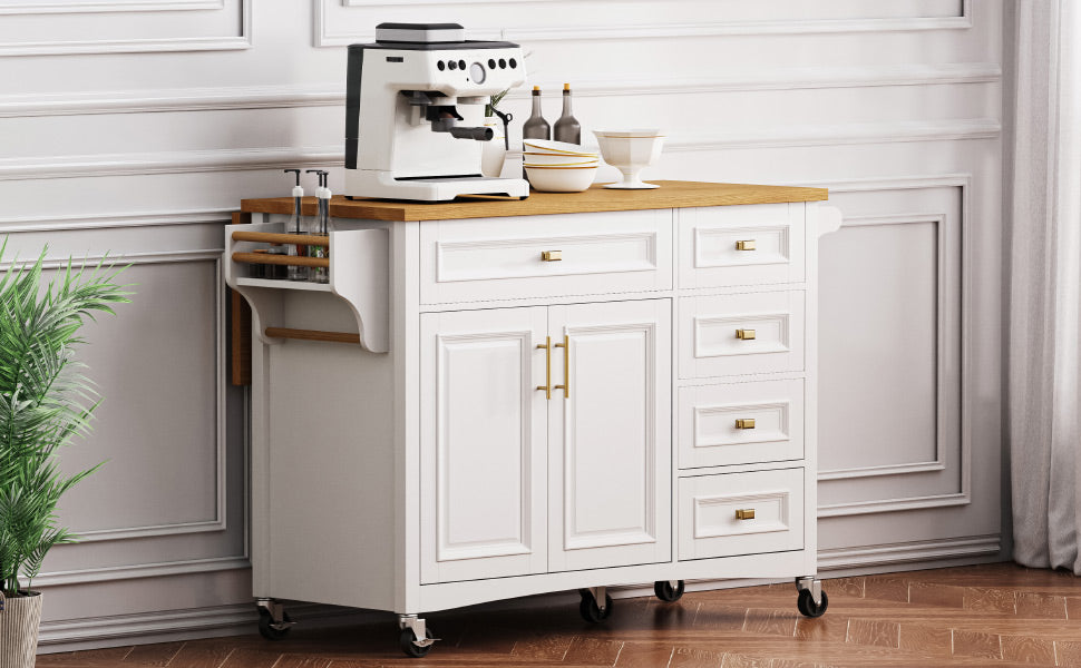 VIYET 36" K&K Kitchen Island with Drop Leaf, White MDF Storage Cart w/ Oak Veneer Top (2 Doors+5 Drawers+Adjustable Shelf)