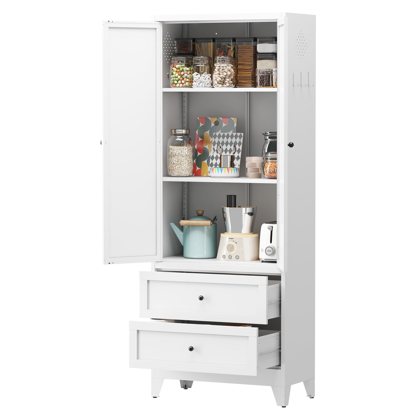 VIYET 72"H Heavy-Duty Steel Pantry Cabinet,2 Drawers+2 Adjustable Shelves,60LBS/Level Freestanding for Kitchen/Pantry/Dining Room (White)