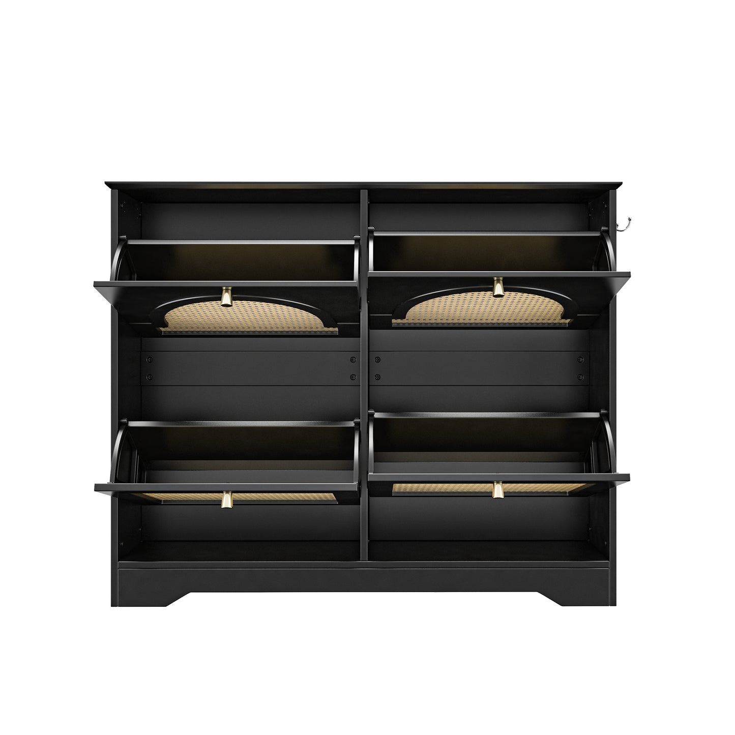 VIYET 35" Mid-Century Narrow Shoe Cabinet, MDF Organizer w/ 4 Rattan Flip Drawers &2 Silver Hooks,Black+white