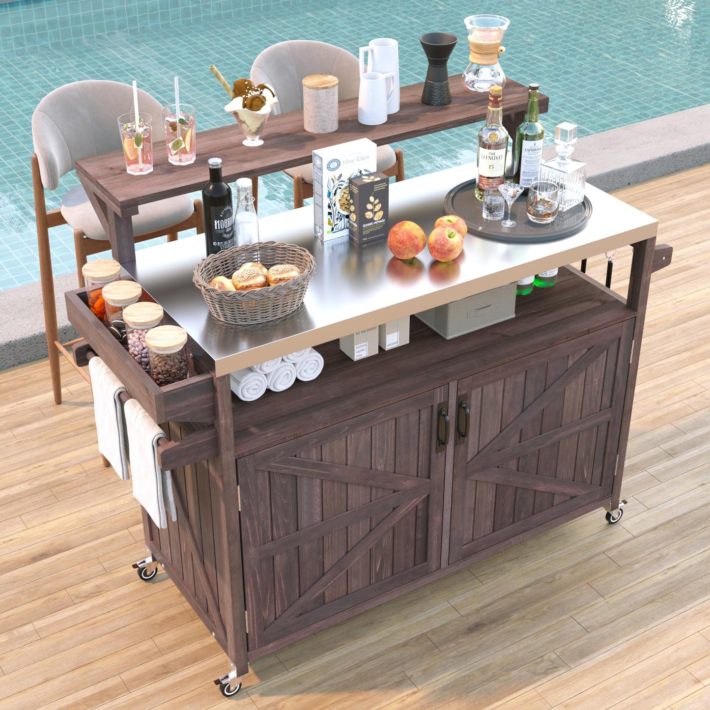 VIYET 43" K&K Outdoor Kitchen Island, Brown Solid Wood Grill Cart w/ Stainless Steel Top (Raised Shelf+Adjustable Storage Rack)
