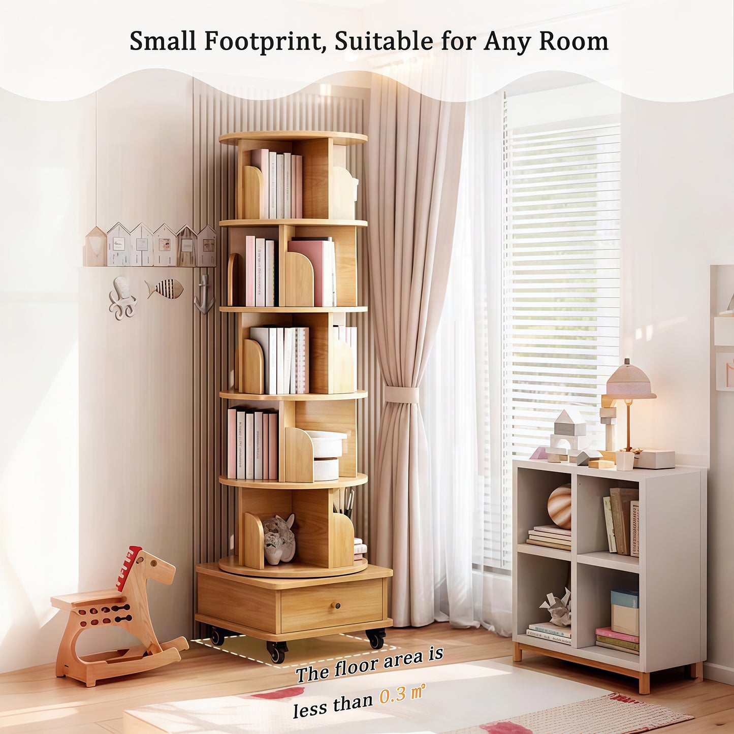 VIYET 68" 6-Tier 360° Rotating Bookshelf, Wood Color MDF Tower w/ Wheels & Drawer (Space-Saving Storage for Home/Office)