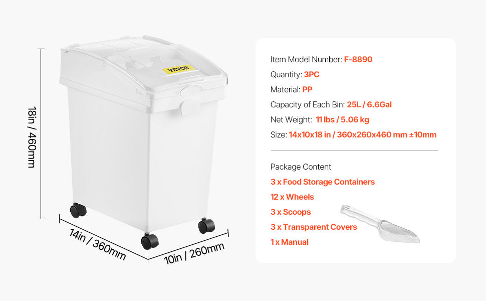 VIYET 3-Pack Rice Storage Container, 6.6Gallon/25L, Airtight Lid, 3 Scoops, Wheel Bin for Dog Food, Kitchen Ingredient, Grain Cereal Flour