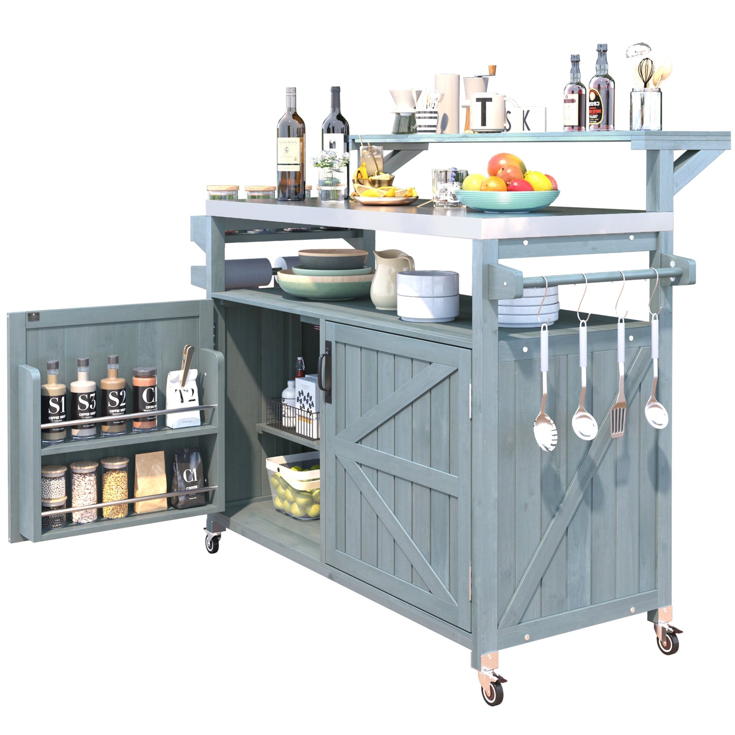 VIYET 43" K&K Outdoor Kitchen Island, Grey-Blue Solid Wood Grill Cart w/ Stainless Steel Top (Raised Shelf+Adjustable Storage Rack)