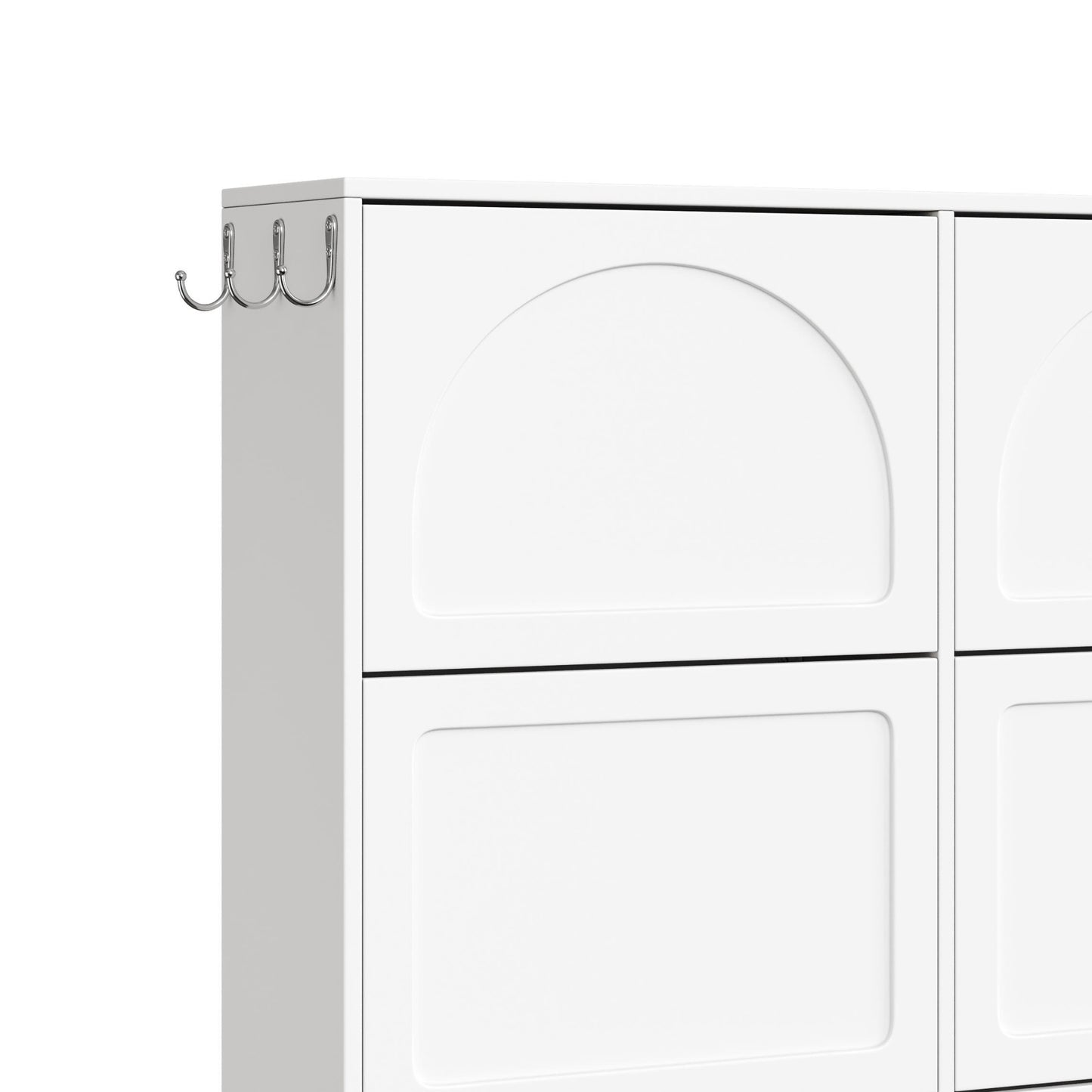 VIYET 49" Cream-Style Narrow Shoe Cabinet, White MDF Organizer w/ 6 Flip Drawers & 3 Silver Hooks (Adjustable Shelves)