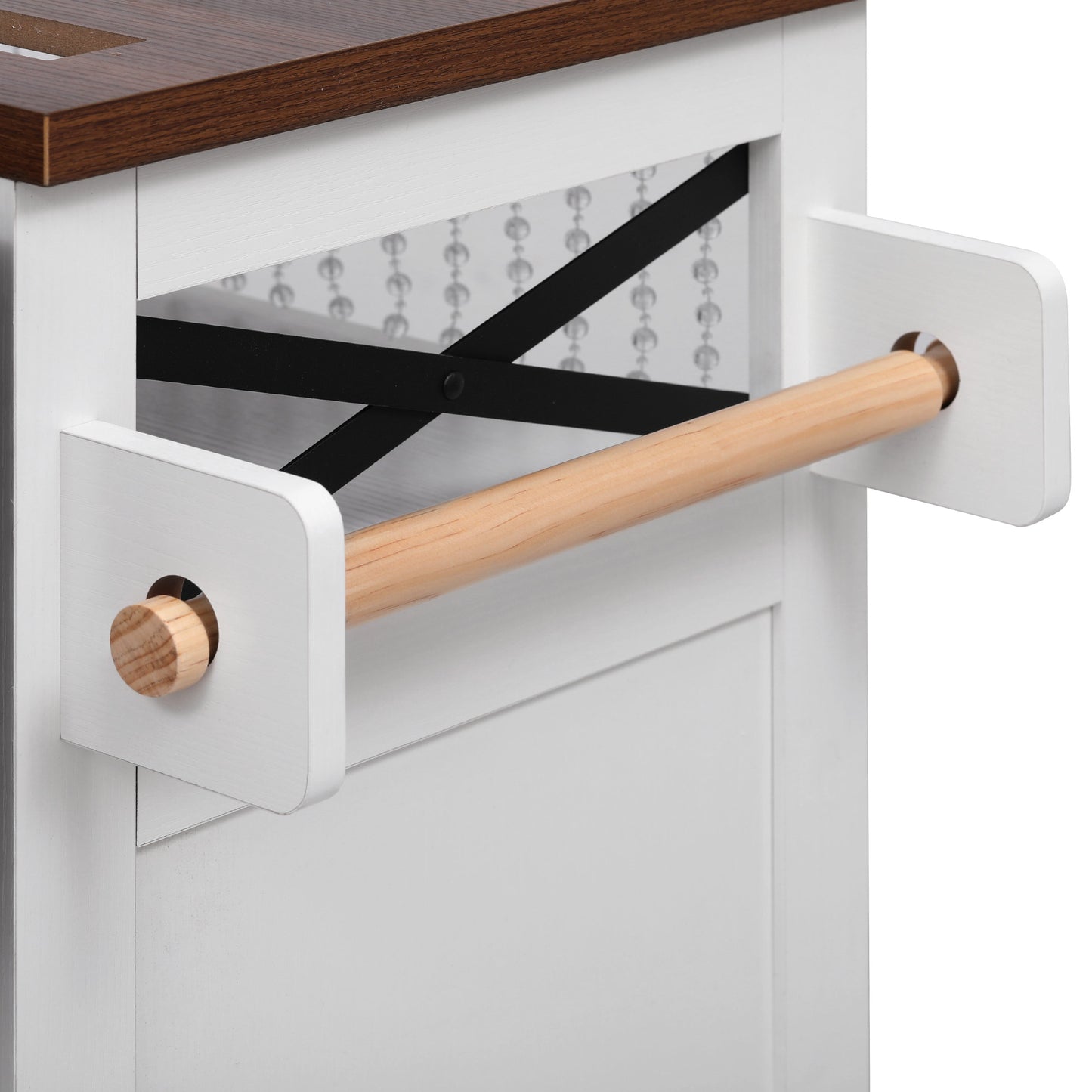 VIYET 39" K&K Farmhouse Rolling Kitchen Island, White MDF Cart w/ Bead Drape, Power Outlet & Drop Leaf (3 Doors+3 Drawers+Internal Iron Shelf)