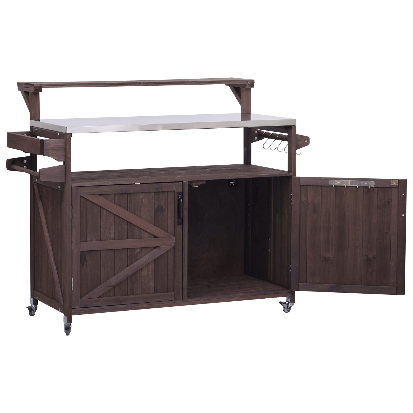 VIYET 43" K&K Outdoor Kitchen Island, Brown Solid Wood Grill Cart w/ Stainless Steel Top (Raised Shelf+Adjustable Storage Rack)