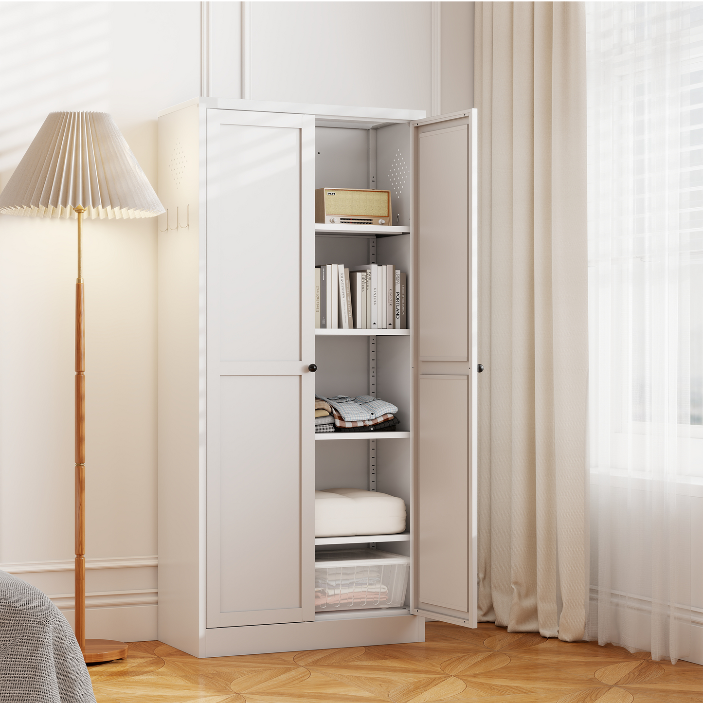 VIYET 61"H White Metal Kitchen Pantry Cabinet - 4 Adjustable Shelves (110lbs/Shelf), Tool-Free Assembly Freestanding Storage Organizer for Kitchen/Pantry/Living Room
