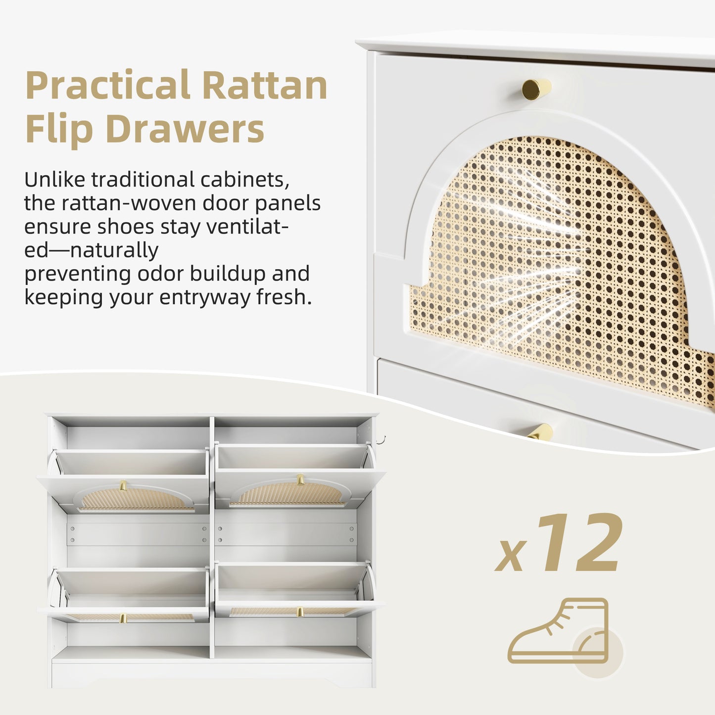 VIYET 35" Mid-Century Narrow Shoe Cabinet, MDF Organizer w/ 4 Rattan Flip Drawers &2 Silver Hooks,Black+white