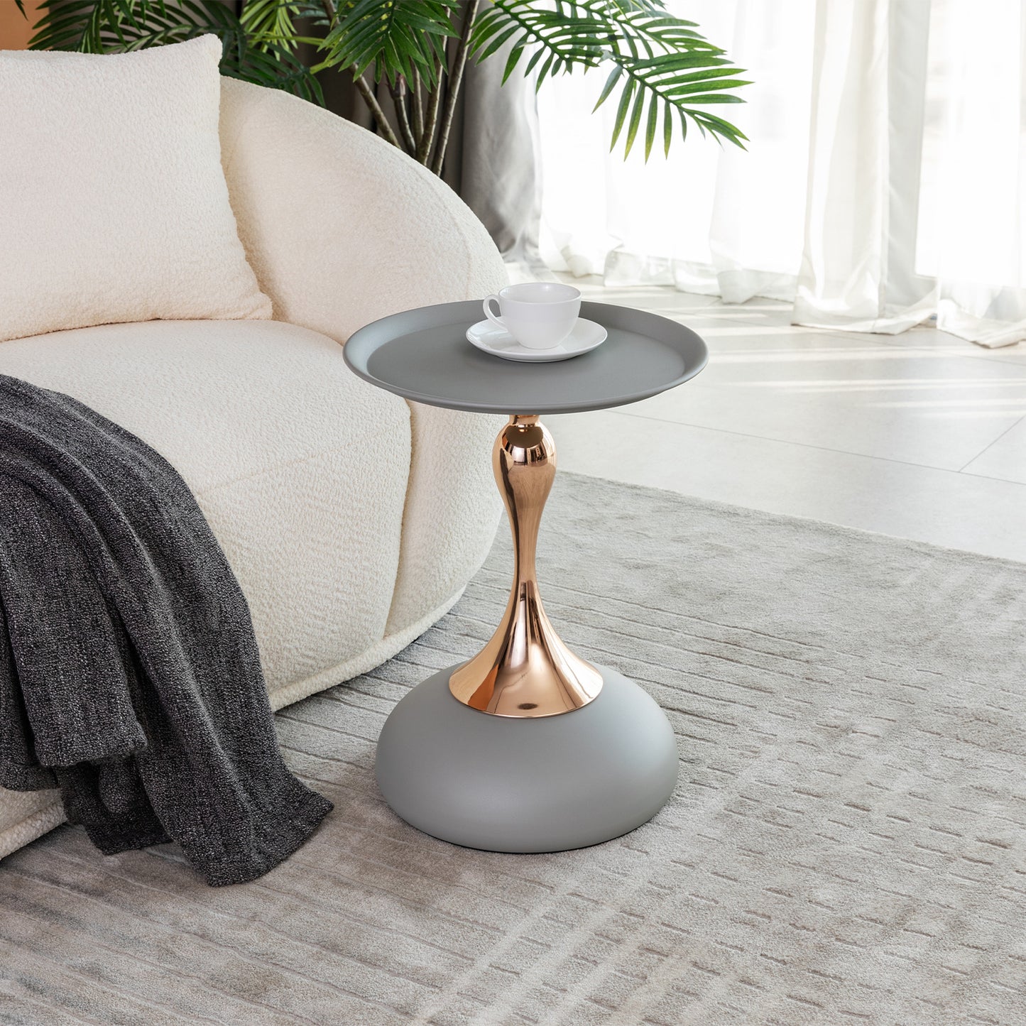 VIYET 21" Mermaid Tail Round End Table,Art Deco Metal Pedestal Accent Table, Minimalist Tray-Style Side Table for Small Spaces (Matte Gray)