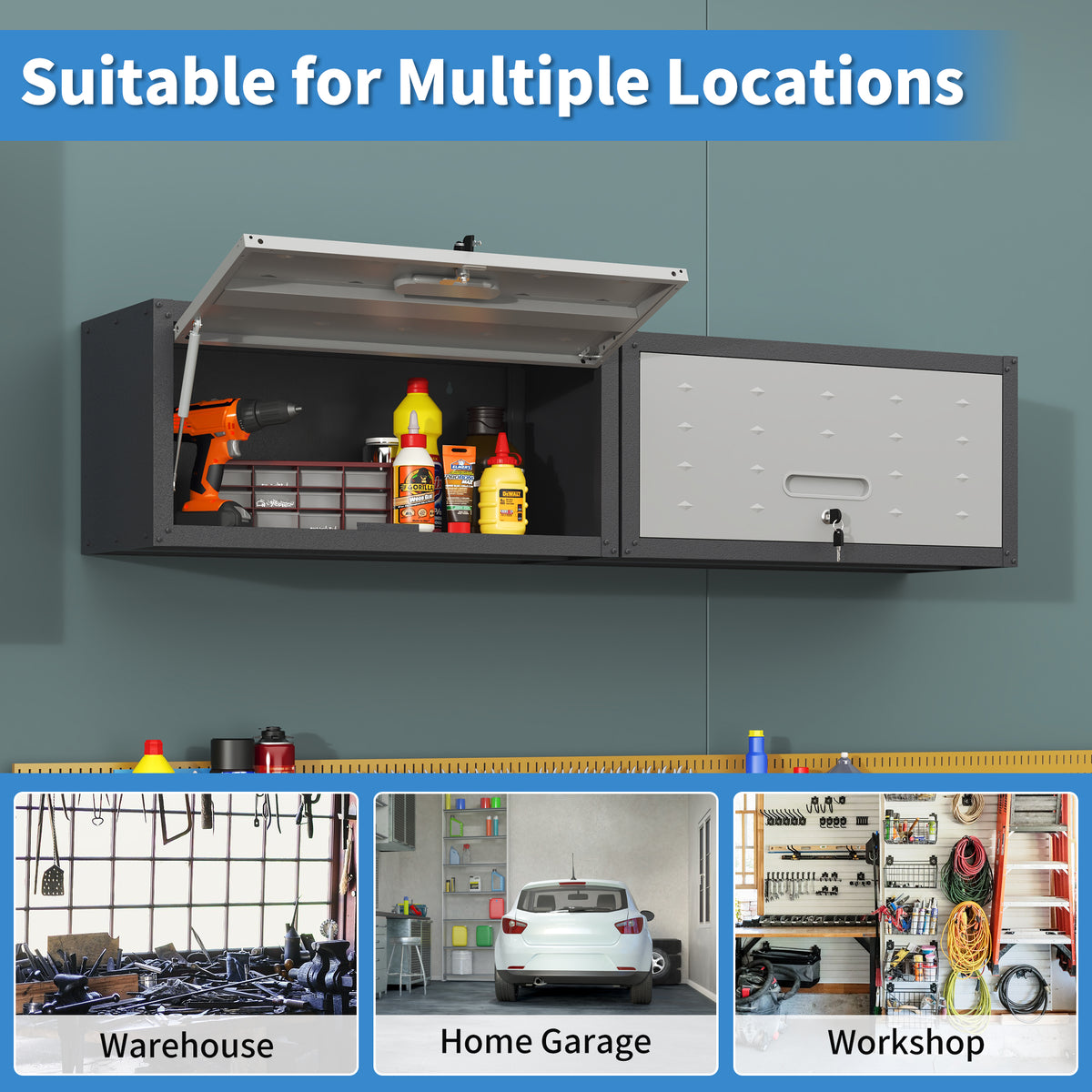 VIYET Wall Mounted Garage Cabinet, Lockable Metal Tool Storage Cabinet with Lift-Up Door, 120 Lbs Capacity, Steel Workshop Organizer