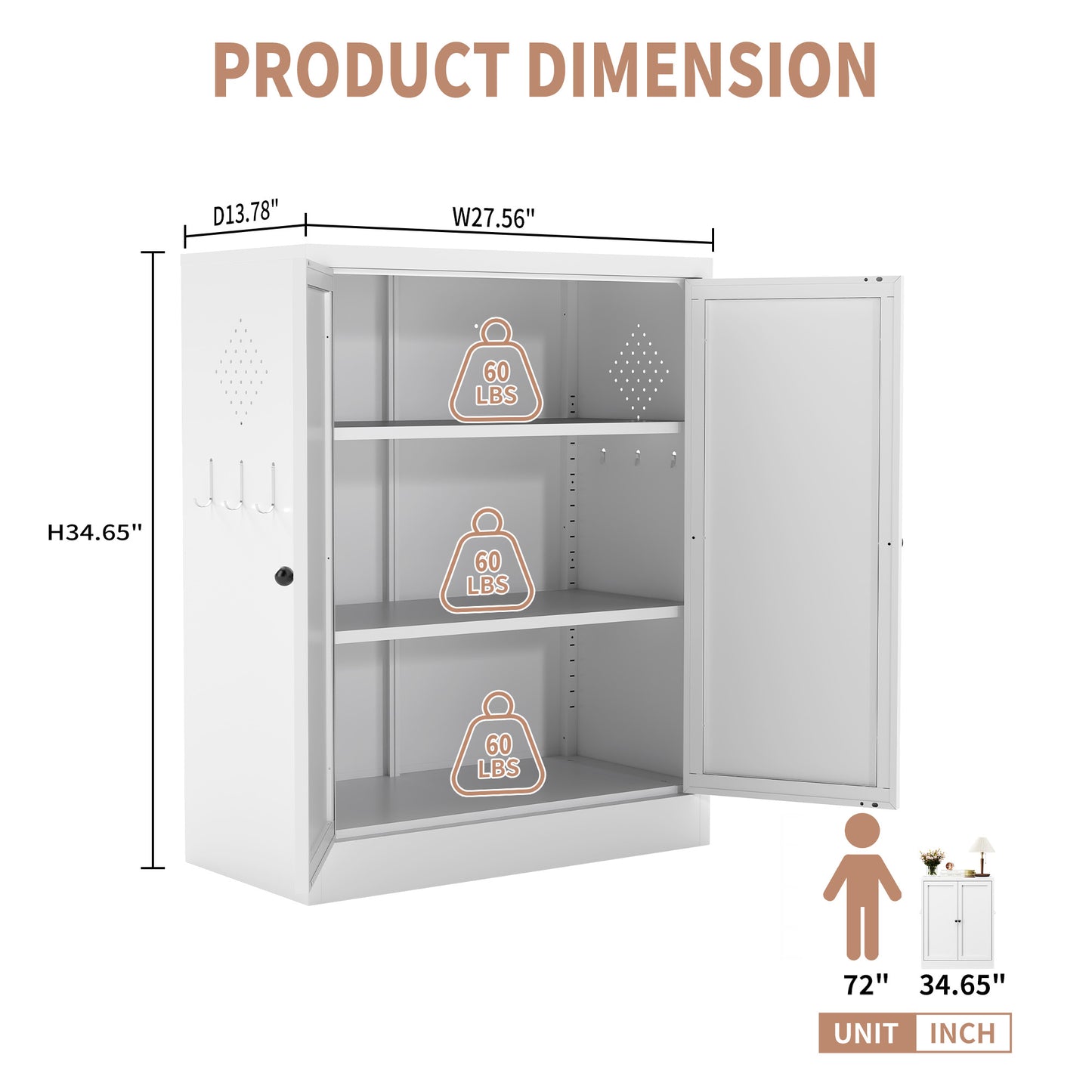 VIYET 35"H White Metal Pantry Cabinet,2 Adjustable Shelves+Side Hooks/Vents,Anti-Tip Freestanding for Kitchen/Dining/Apartment
