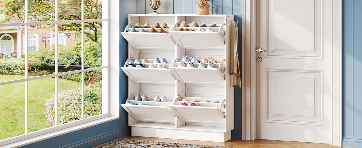 VIYET 49" Cream-Style Narrow Shoe Cabinet, White MDF Organizer w/ 6 Flip Drawers & 3 Silver Hooks (Adjustable Shelves)