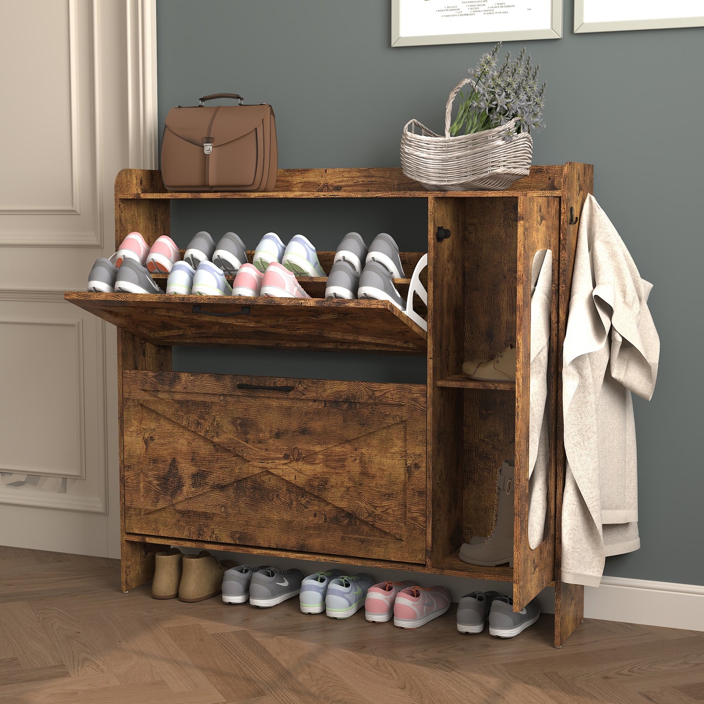VIYET 41" Rustic Brown Freestanding Shoe Cabinet - MDF, 2 Flip Drawers & Mirror Doors, Narrow Entryway Storage, Customizable