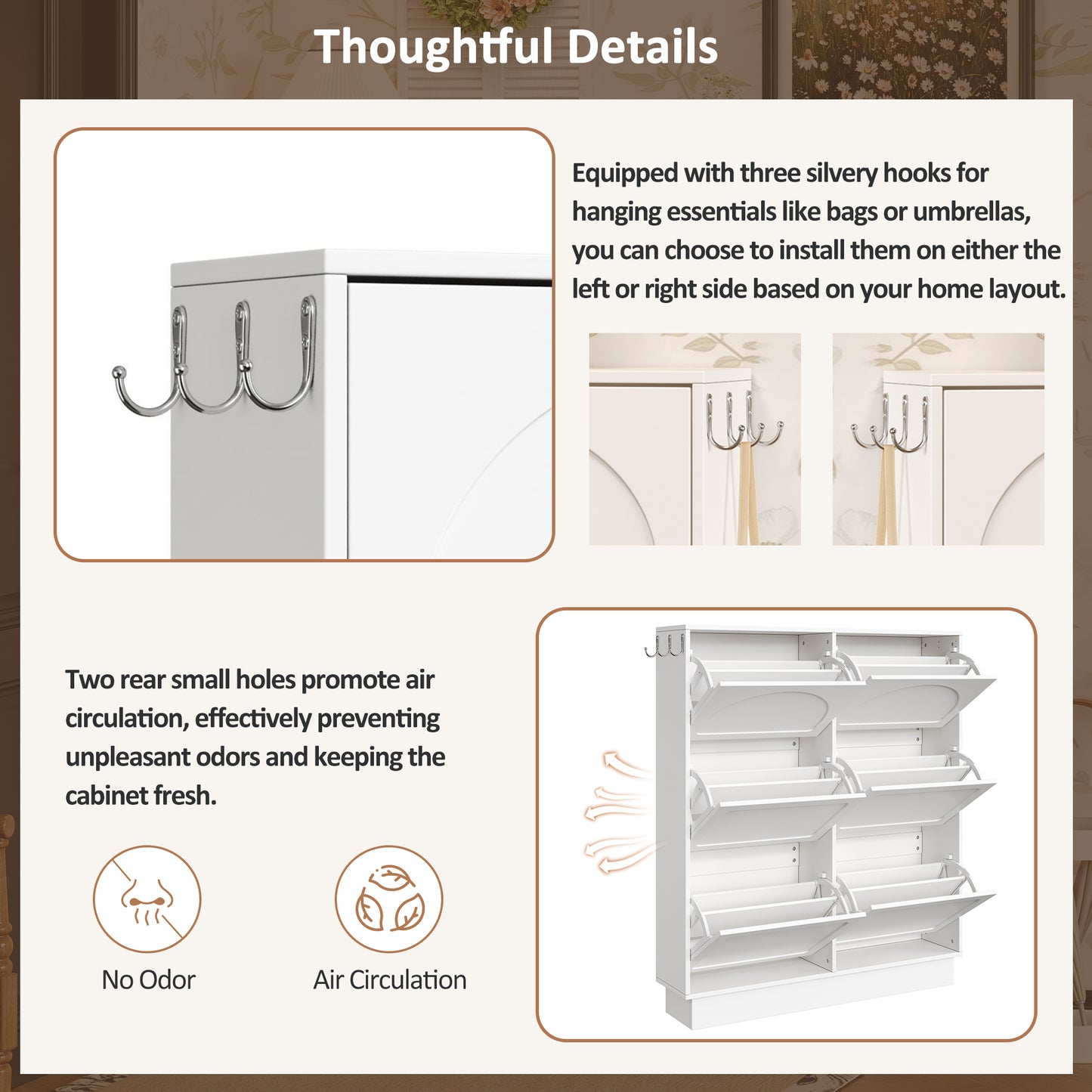 VIYET 49" Cream-Style Narrow Shoe Cabinet, White MDF Organizer w/ 6 Flip Drawers & 3 Silver Hooks (Adjustable Shelves)