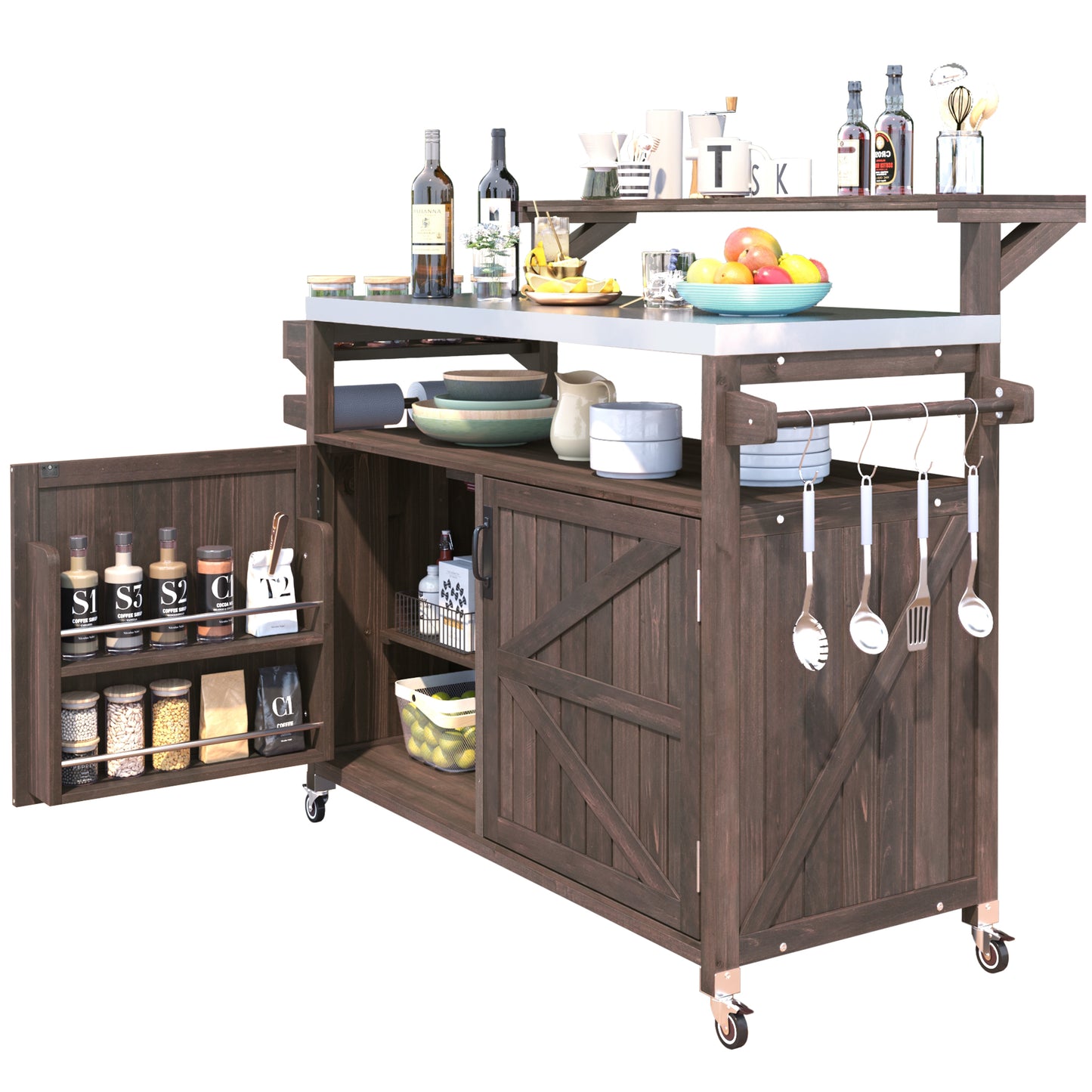 VIYET 43" K&K Outdoor Kitchen Island, Brown Solid Wood Grill Cart w/ Stainless Steel Top (Raised Shelf+Adjustable Storage Rack)