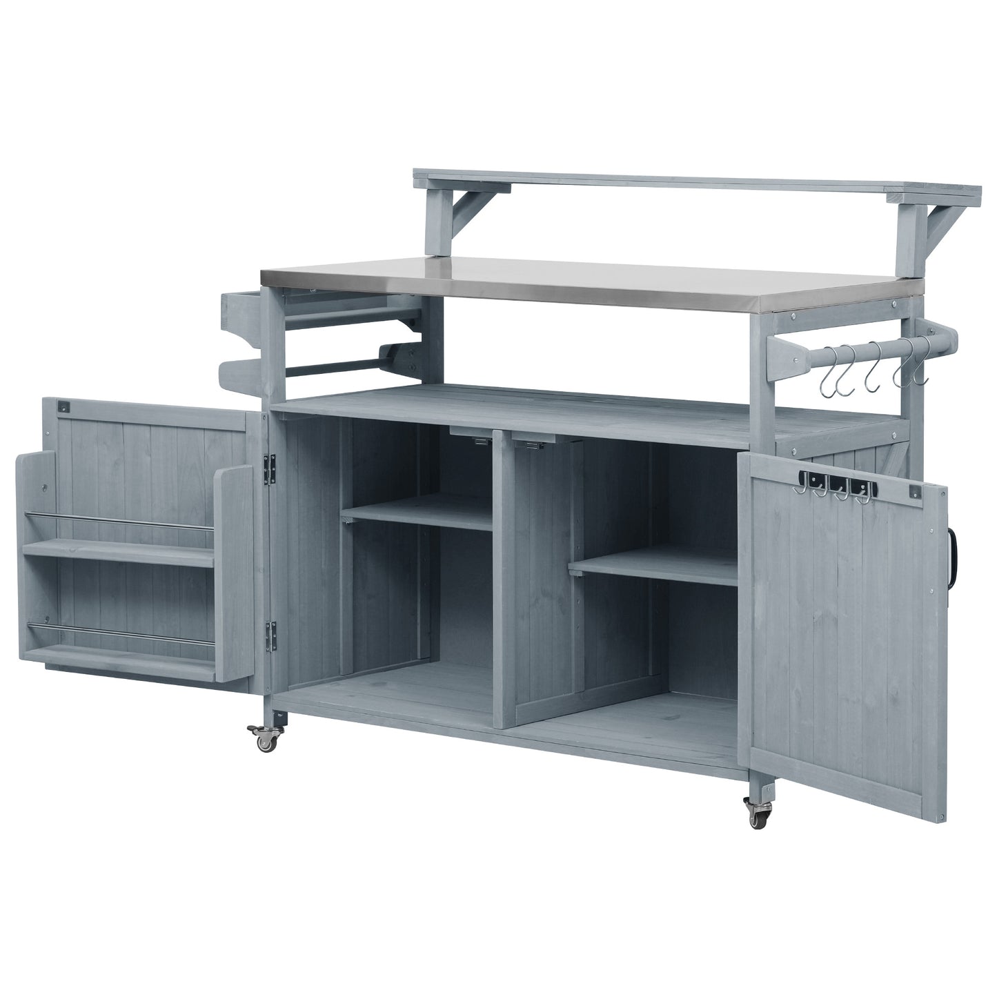VIYET 43" K&K Outdoor Kitchen Island, Grey-Blue Solid Wood Grill Cart w/ Stainless Steel Top (Raised Shelf+Adjustable Storage Rack)