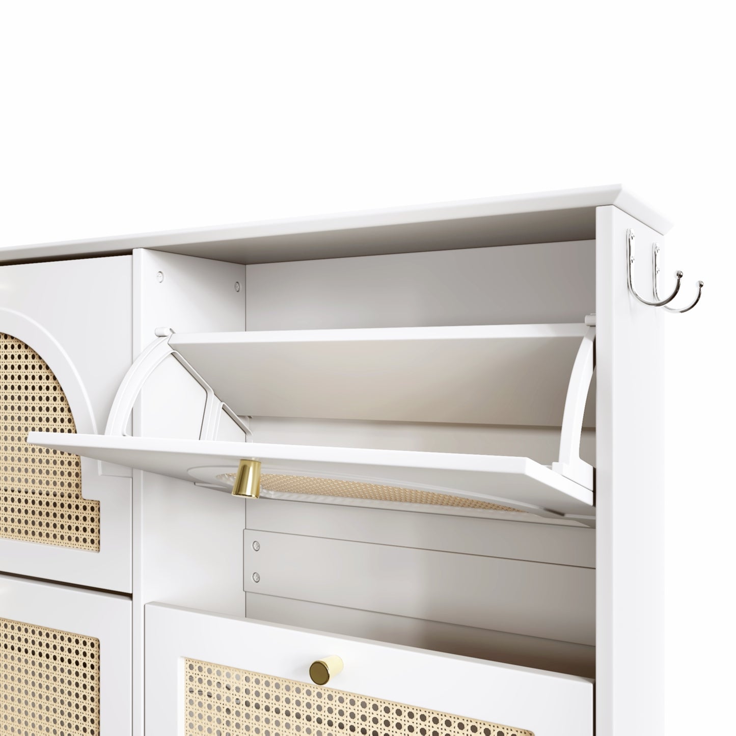 VIYET 35" Mid-Century Narrow Shoe Cabinet, MDF Organizer w/ 4 Rattan Flip Drawers &2 Silver Hooks,Black+white