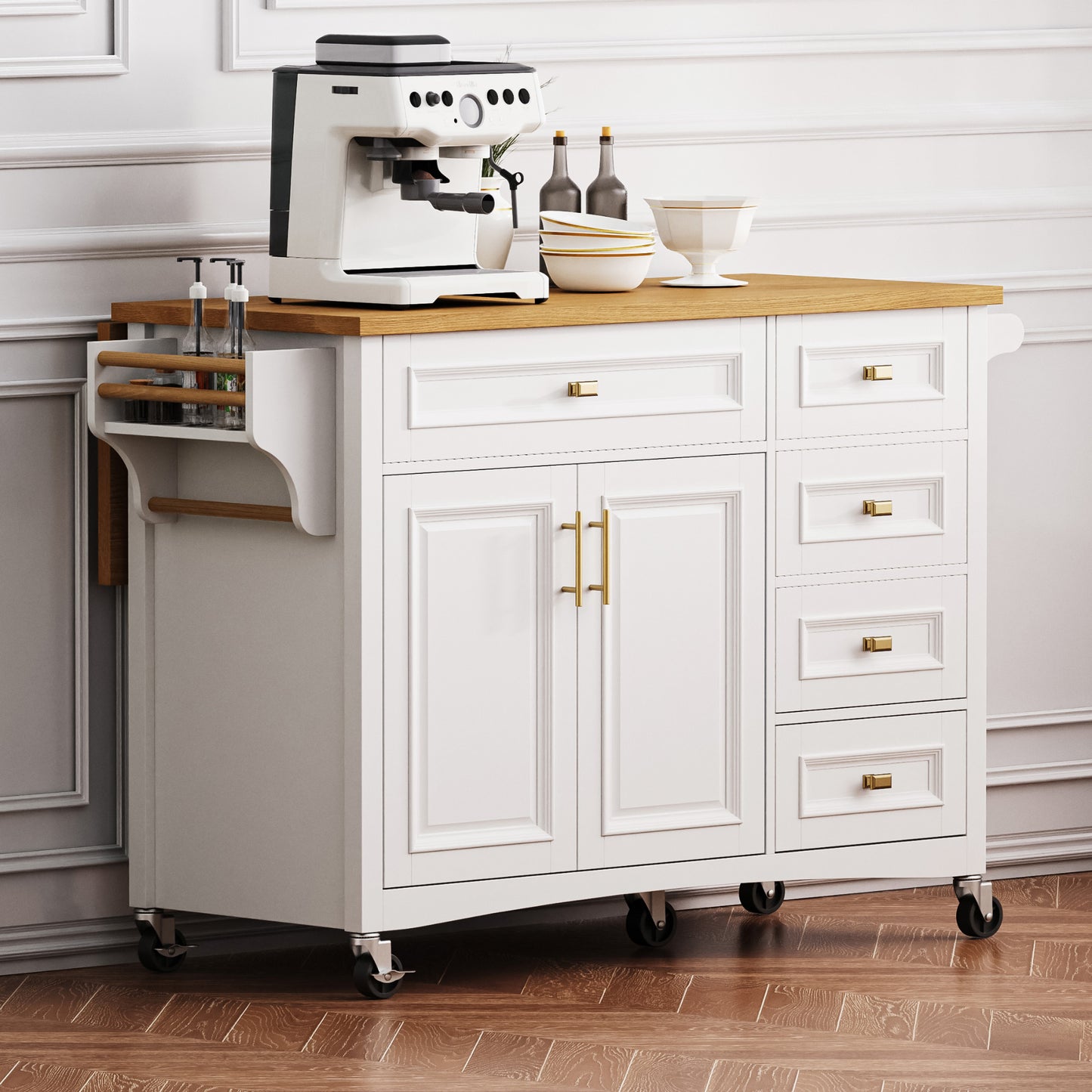 VIYET 36" K&K Kitchen Island with Drop Leaf, White MDF Storage Cart w/ Oak Veneer Top (2 Doors+5 Drawers+Adjustable Shelf)