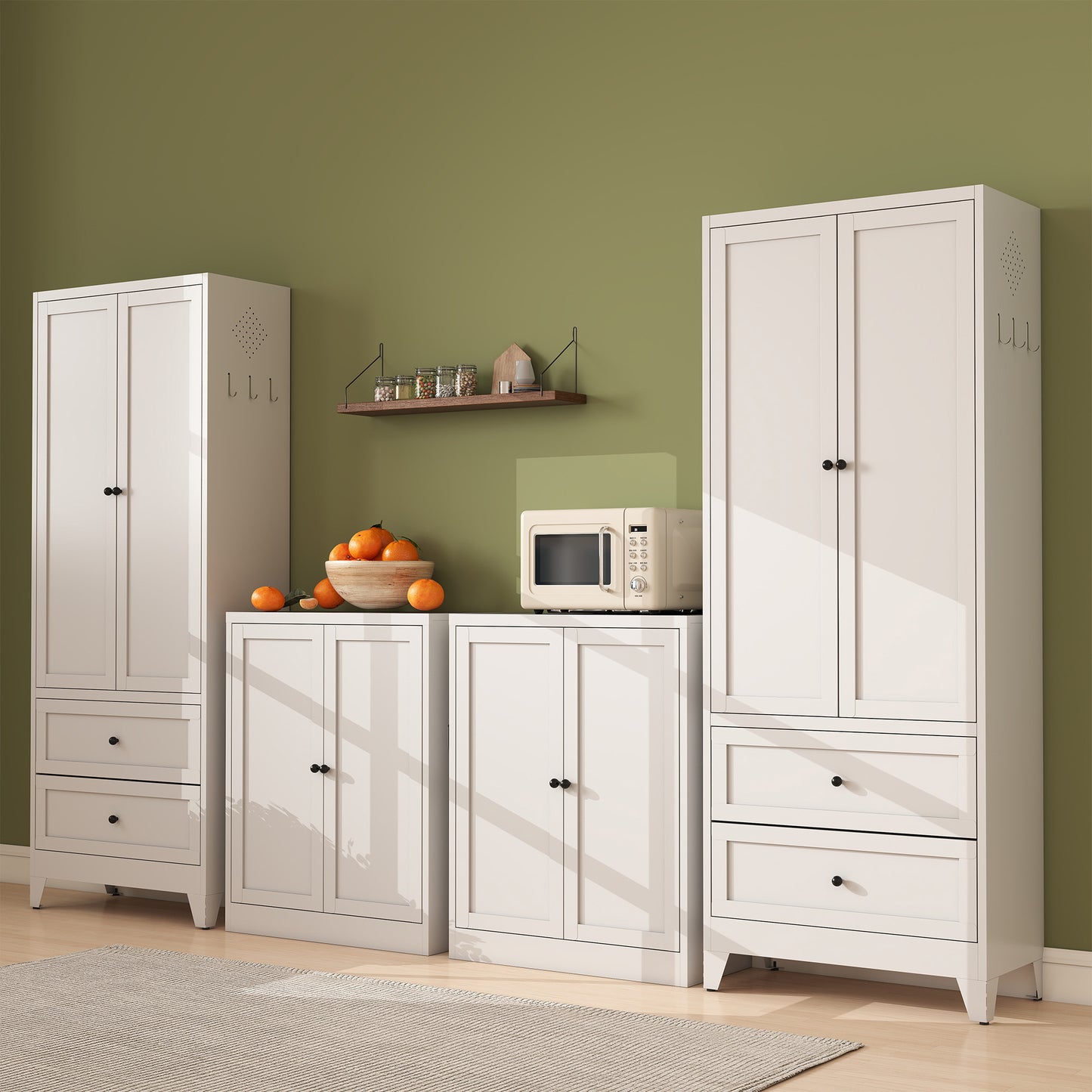 VIYET 35"H White Metal Pantry Cabinet,2 Adjustable Shelves+Side Hooks/Vents,Anti-Tip Freestanding for Kitchen/Dining/Apartment