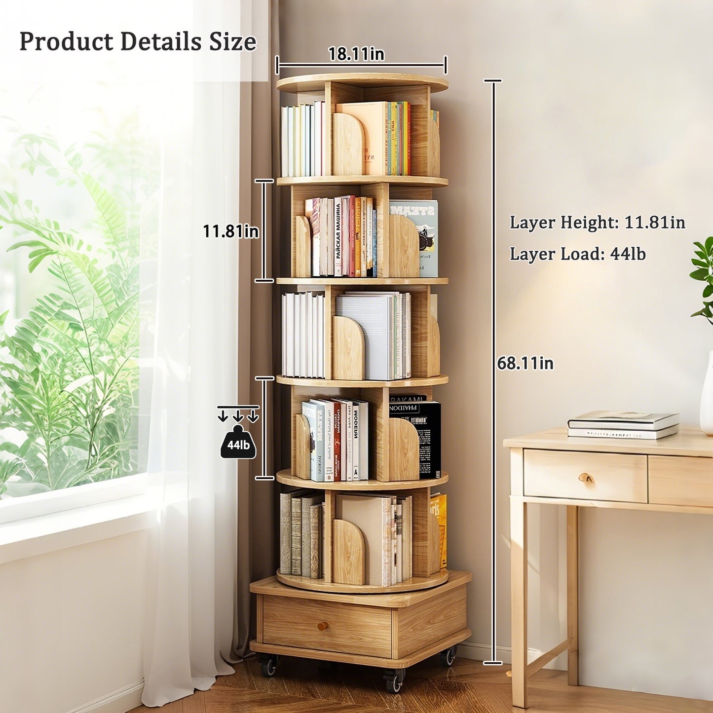 VIYET 68" 6-Tier 360° Rotating Bookshelf, Wood Color MDF Tower w/ Wheels & Drawer (Space-Saving Storage for Home/Office)