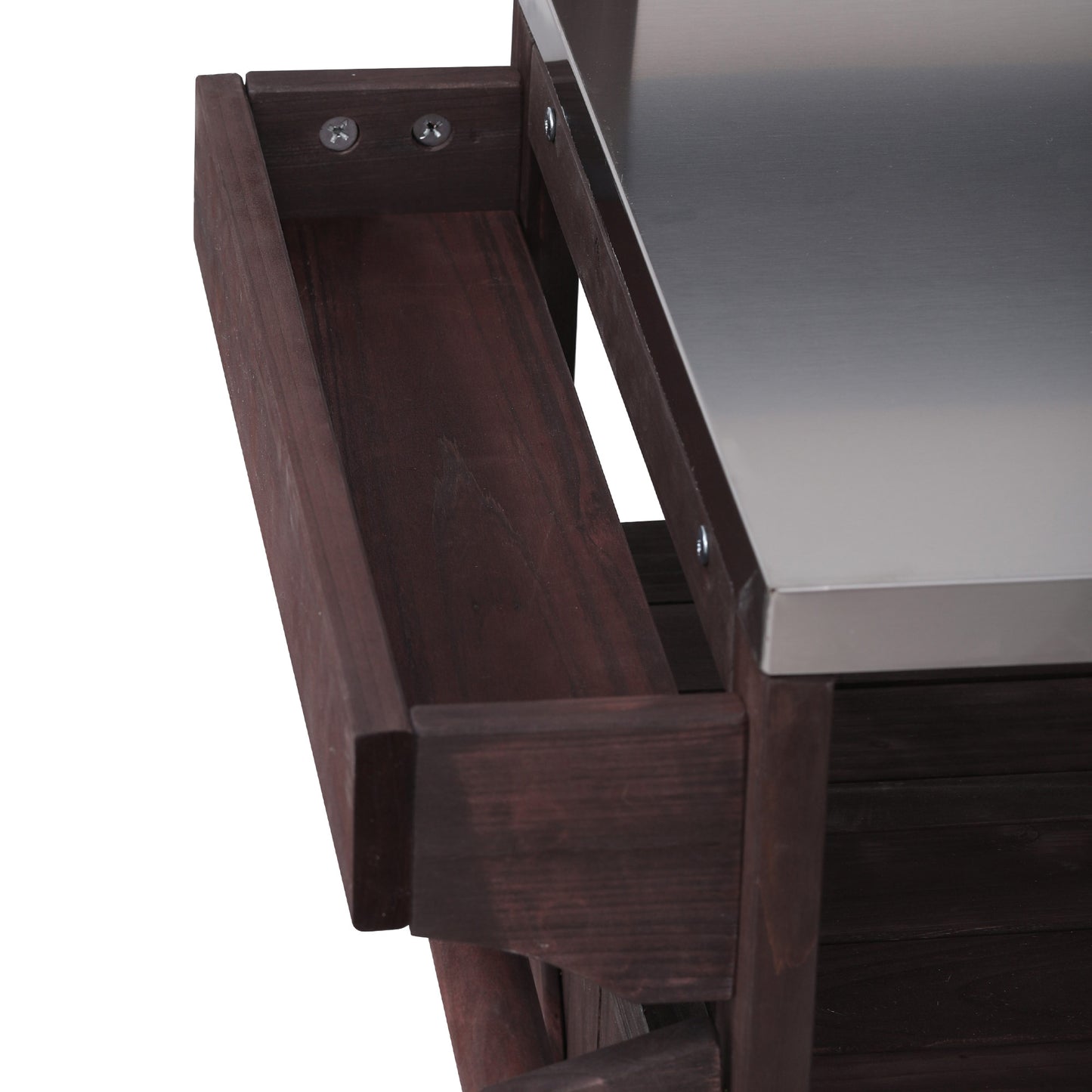 VIYET 43" K&K Outdoor Kitchen Island, Brown Solid Wood Grill Cart w/ Stainless Steel Top (Raised Shelf+Adjustable Storage Rack)