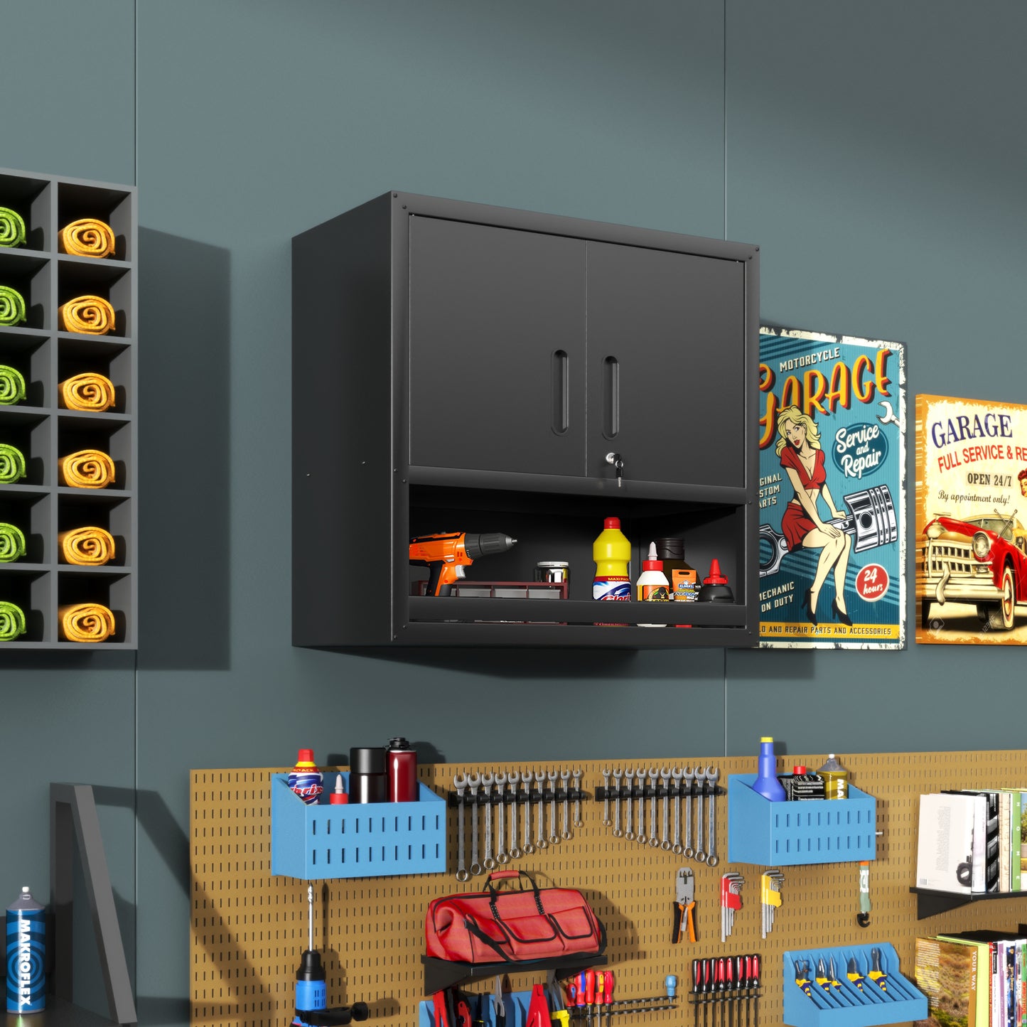 VIYET 30"H Wall-Mounted Steel Cabinet, Locking Doors, Open Drawer & Adjustable Shelf, Rust-Resistant Cold-Rolled Steel, Garage/Office/Warehouse/Home/School