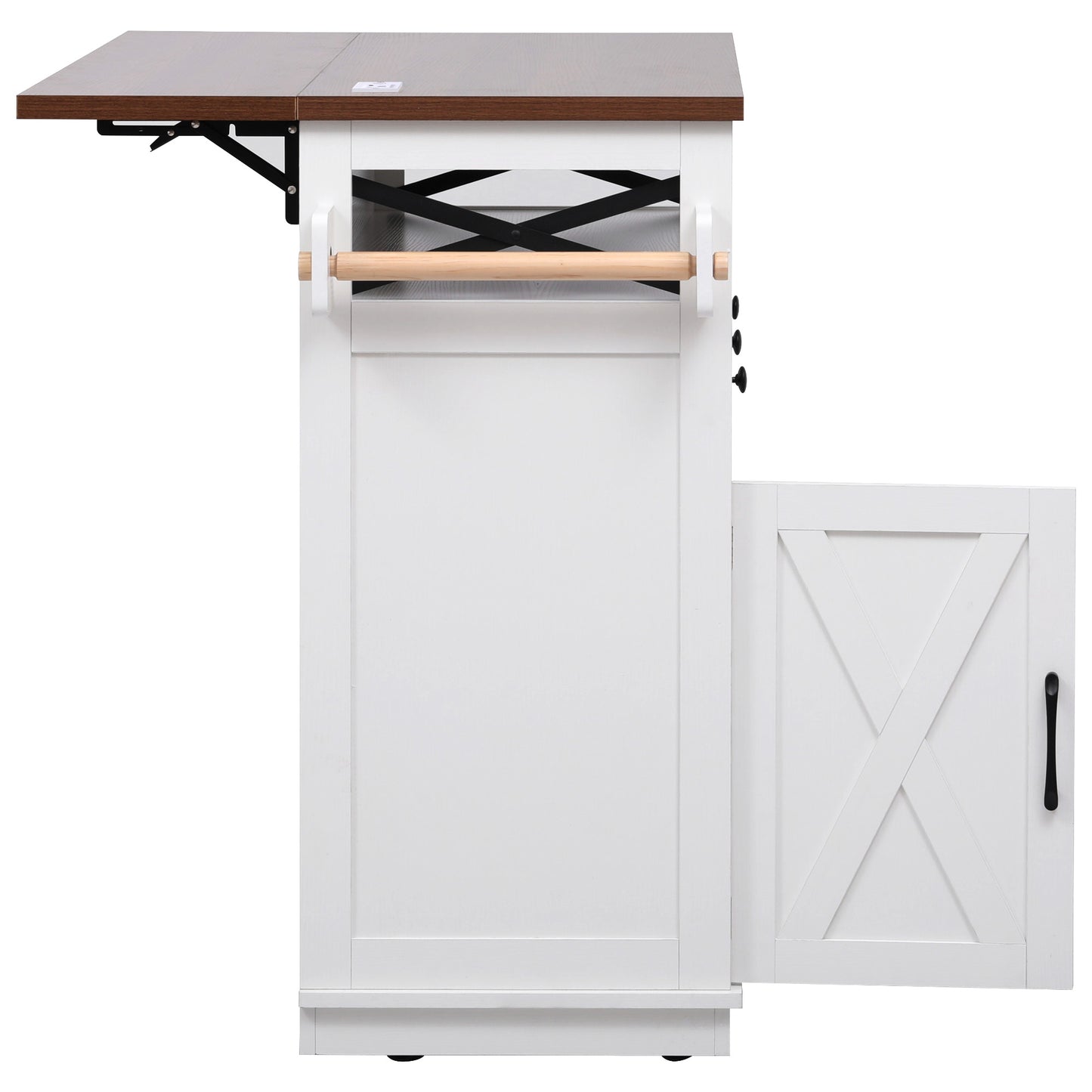 VIYET 39" K&K Farmhouse Rolling Kitchen Island, White MDF Cart w/ Bead Drape, Power Outlet & Drop Leaf (3 Doors+3 Drawers+Internal Iron Shelf)
