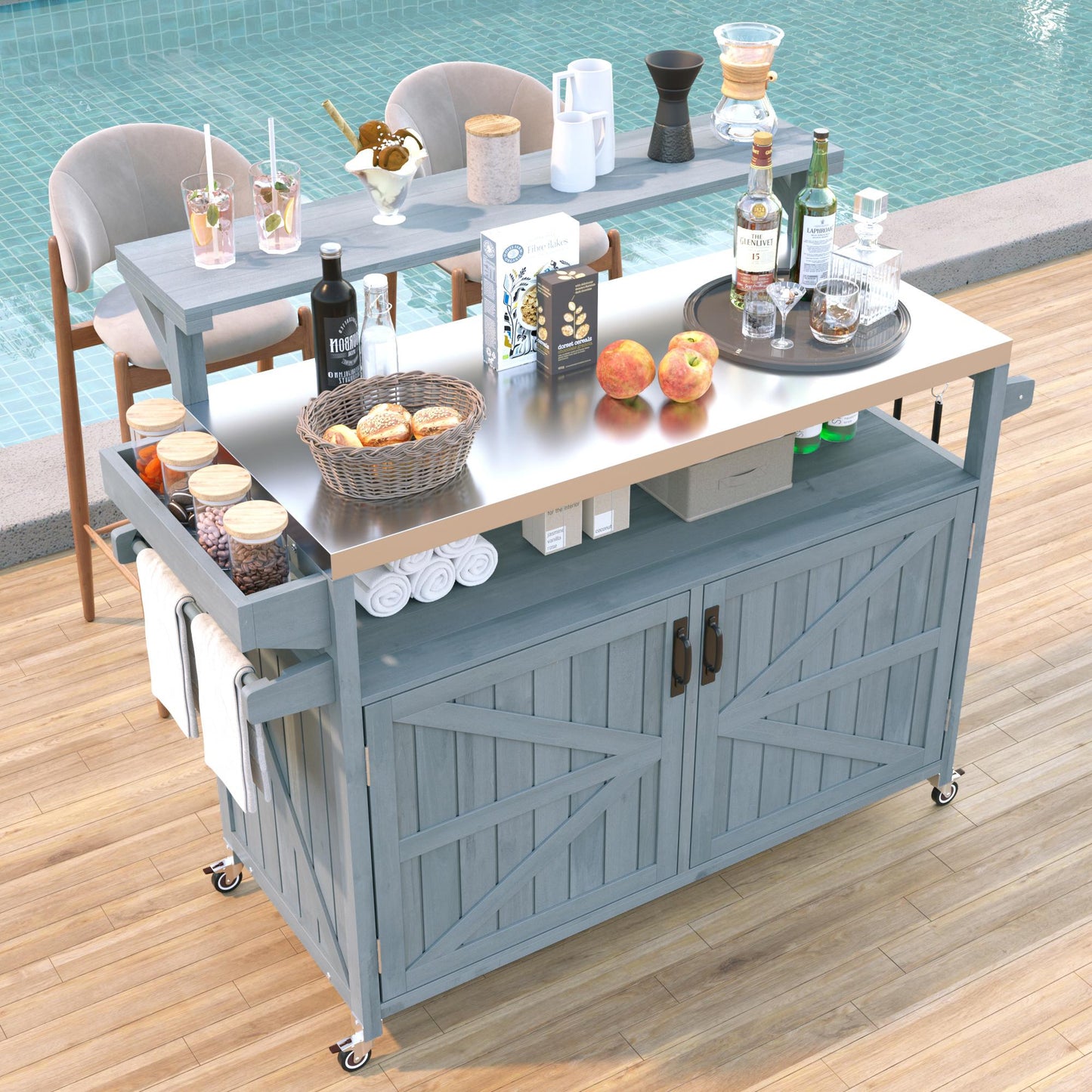 VIYET 43" K&K Outdoor Kitchen Island, Grey-Blue Solid Wood Grill Cart w/ Stainless Steel Top (Raised Shelf+Adjustable Storage Rack)