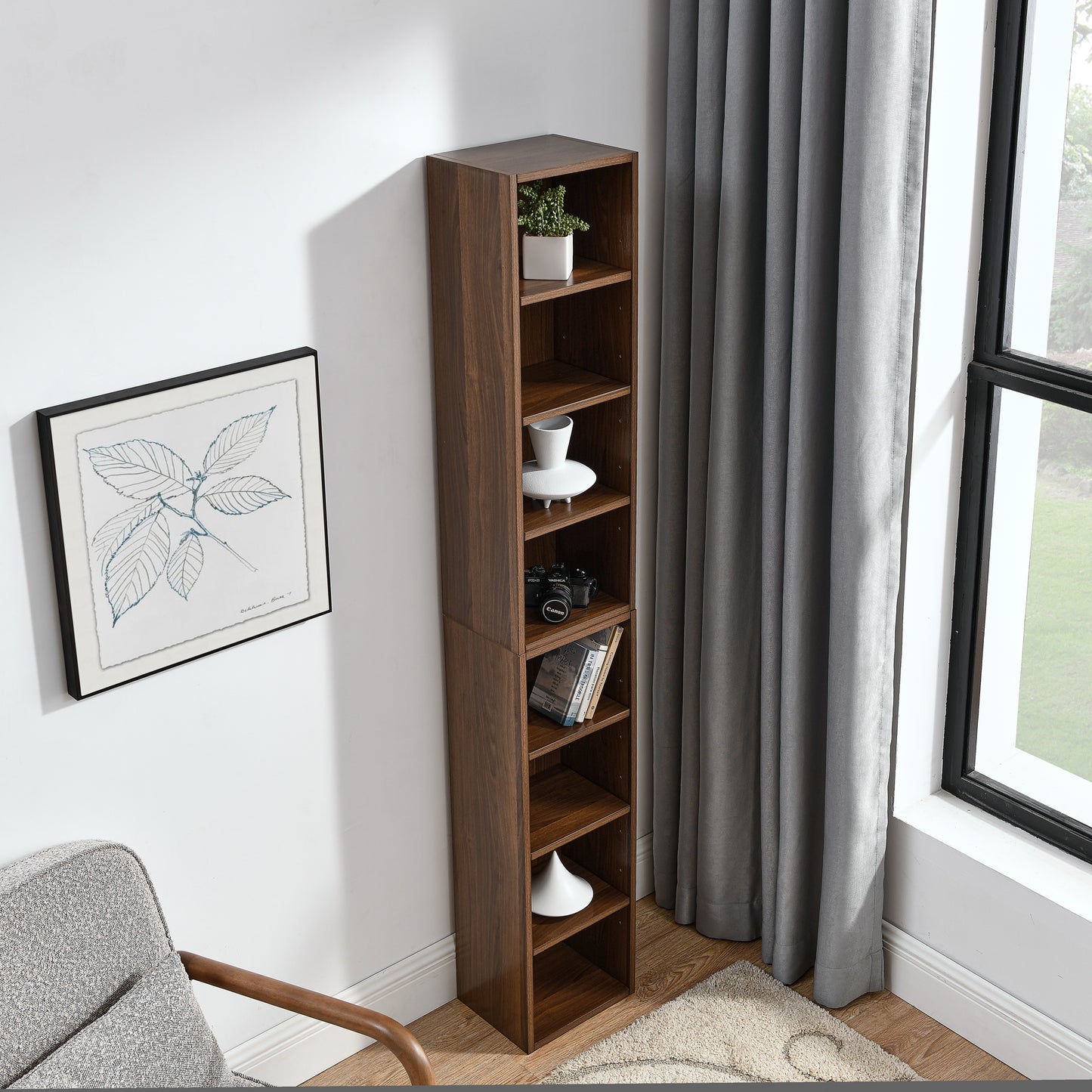 VIYET 11.6"×9.3"×70.9" 8-Tier Media Tower Rack - Walnut MDF, Adjustable Shelves