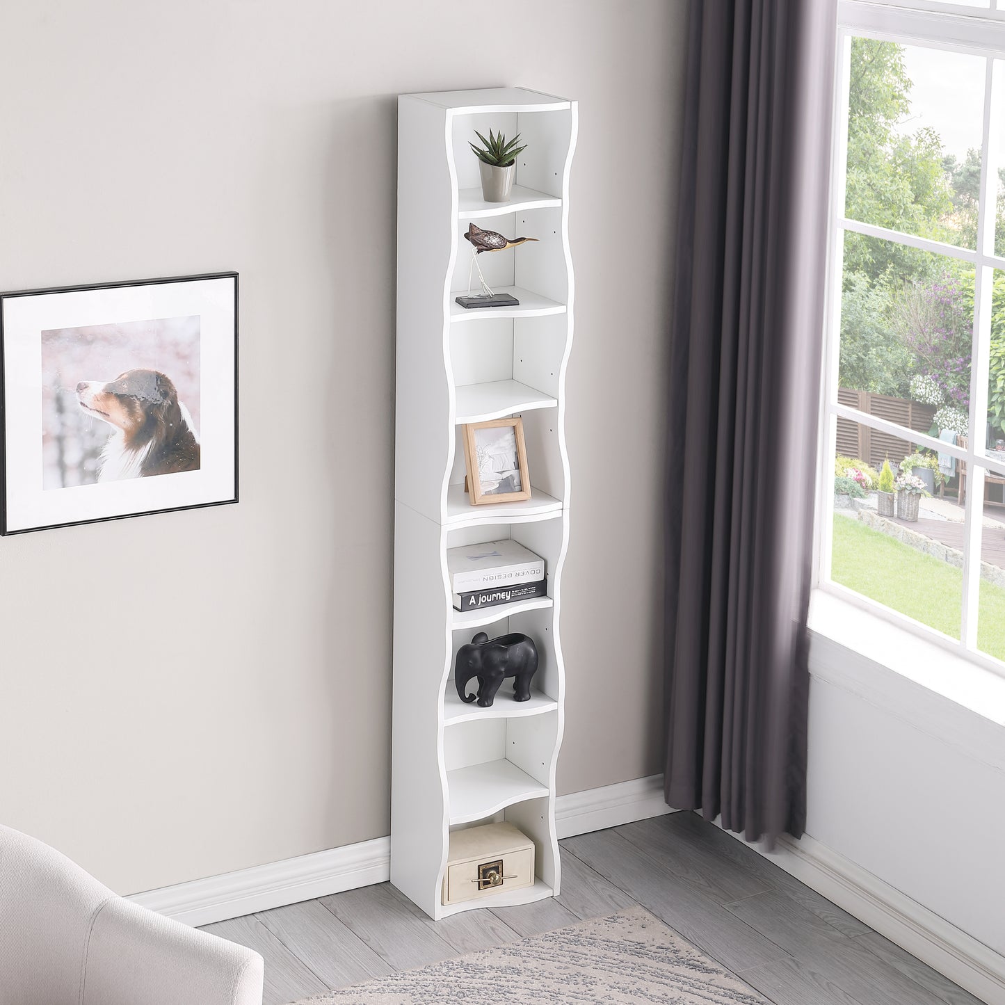 VIYET 71" 8-Tier Ultra-Thin Adjustable Bookshelf,White MDF Display Rack w/ Wavy Border (Detachable Home Office Organizer)