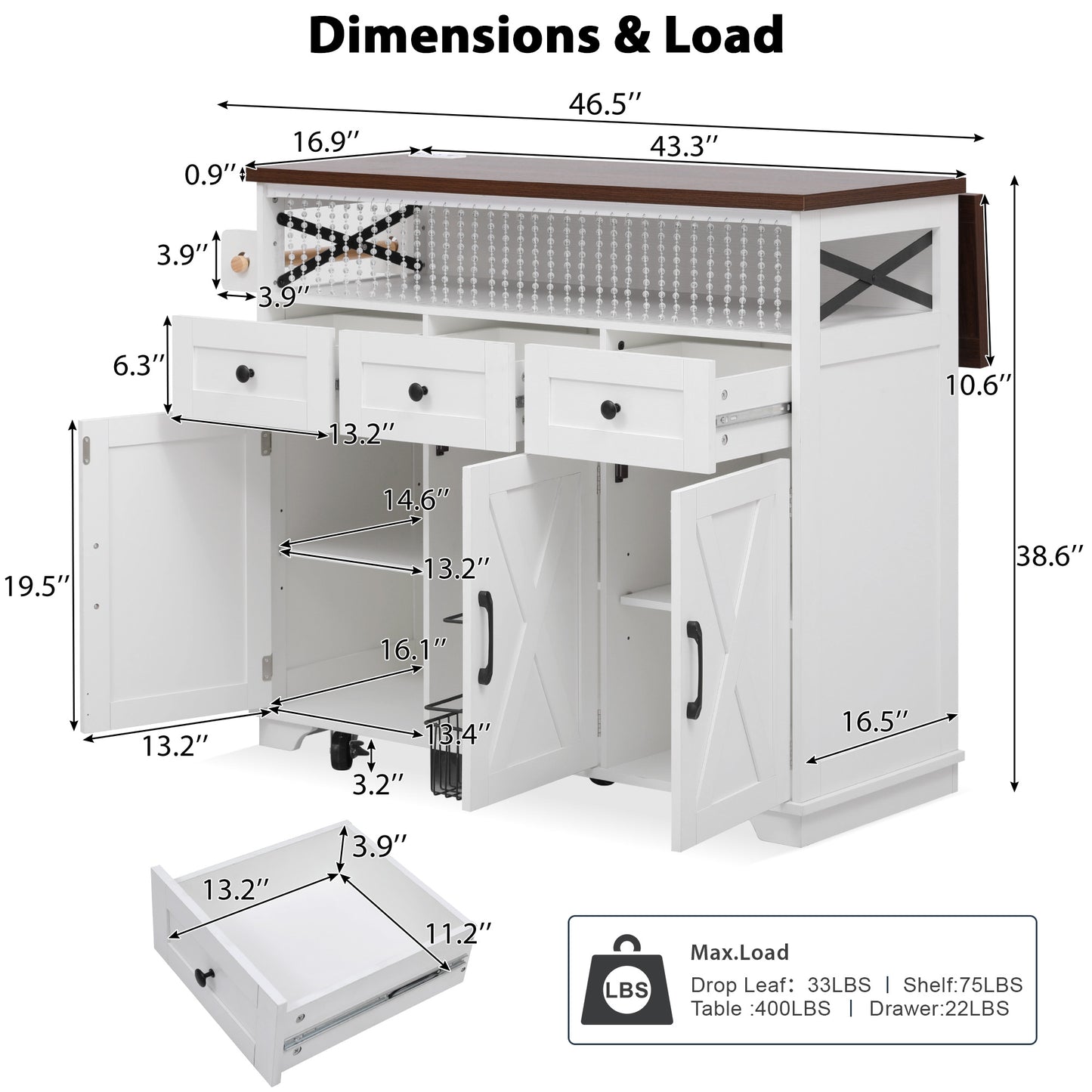 VIYET 39" K&K Farmhouse Rolling Kitchen Island, White MDF Cart w/ Bead Drape, Power Outlet & Drop Leaf (3 Doors+3 Drawers+Internal Iron Shelf)