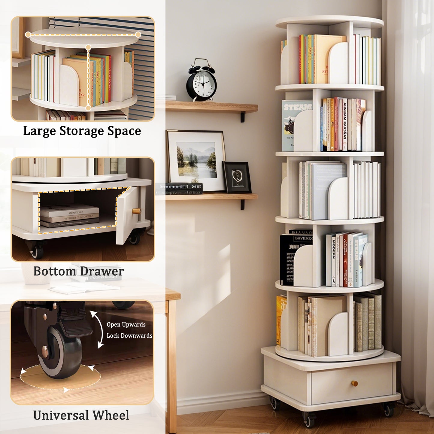 VIYET 68" 6-Tier 360° Rotating Bookshelf, WhiteColor MDF Tower w/ Wheels& Drawer (Space-Saving Storage for Home/Office)