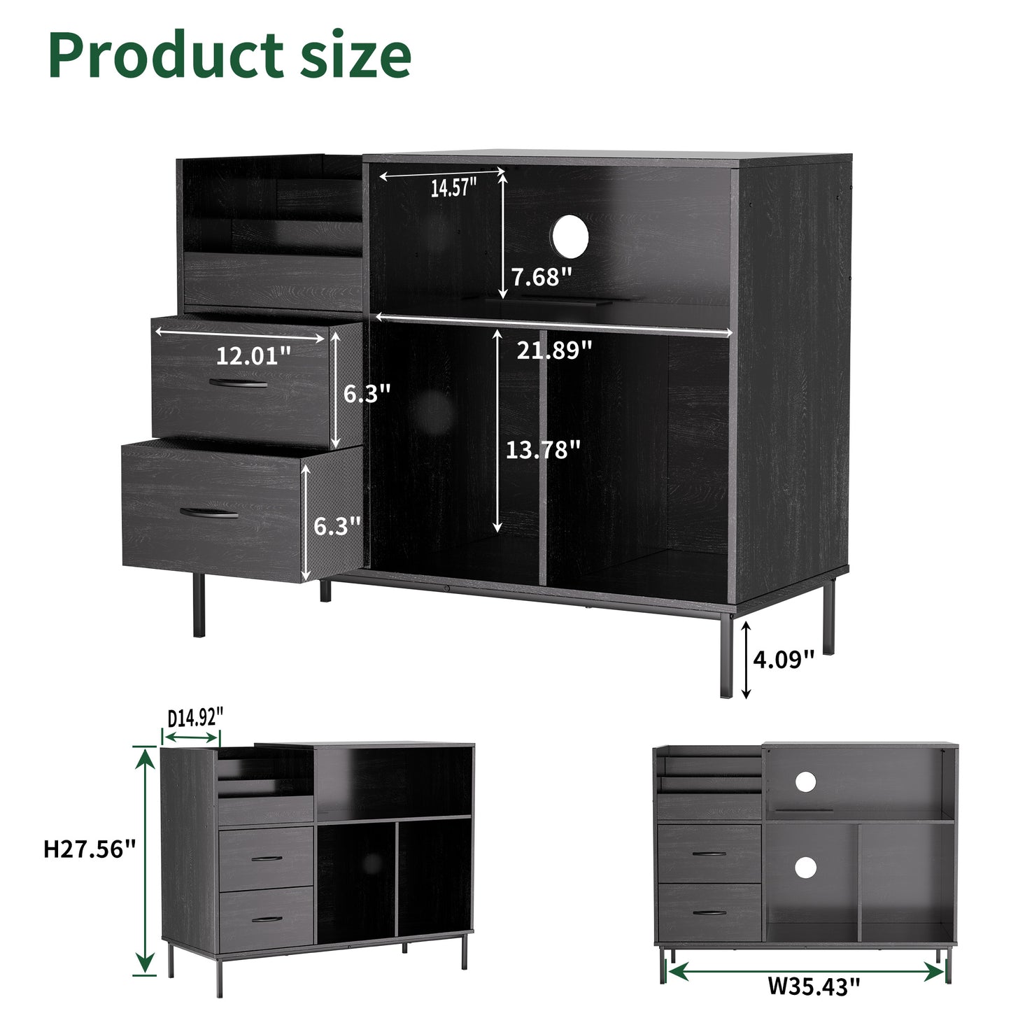 VIYET 35" Eco-Friendly Record Player Stand with Flip-Top, Black MDF+Metal Media Console w/ 2-Outlet Power Strip & Dustproof Storage